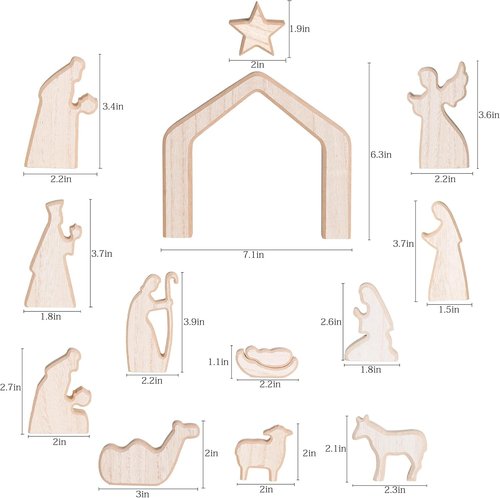 Nerosun Nativity Scene Set - 13-Piece Wooden Christmas Figurines | Minimalist Boho Manger Decor for Home