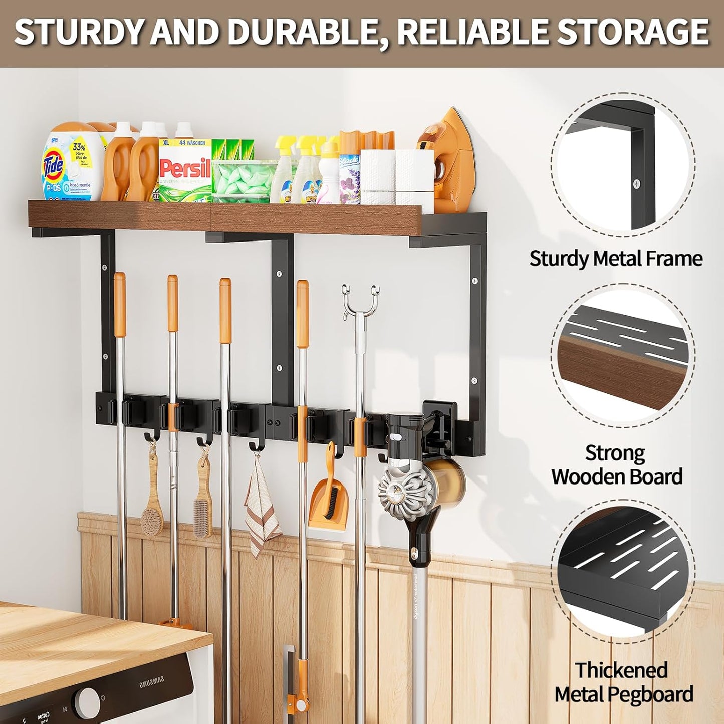 Skiennix Broom Holder Wall Mount - Versatile Cleaning Supplies Organizer with Mop Hanger & Gripper Hooks | Ideal for Home, Garage, Kitchen