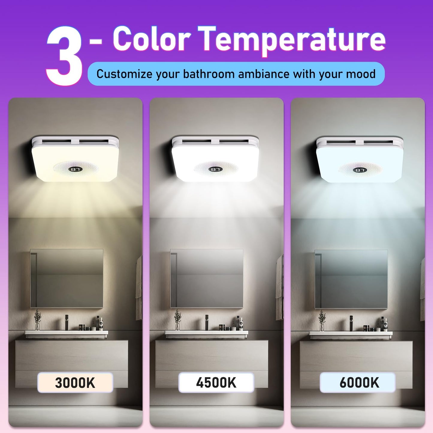 BSEED Bathroom Exhaust Fan with Bluetooth Speaker & LED Light, 230 CFM 1.5 Sone, 7-Color RGB & 3CCT Adjustable Light, Music Sync, Digital Display, Remote Control, Easy Install (White)