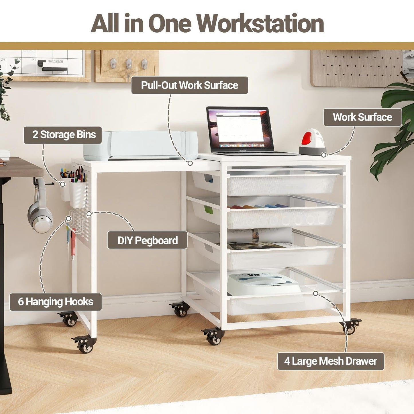Rolling Craft Storage Cart with Wheels & Mesh Drawers, Extendable Craft Table with Pegboard Organizer, Muti-Functional Work Table for Sewing, Arts and Crafts, Scrapbooking Storage,3D Printers (White)