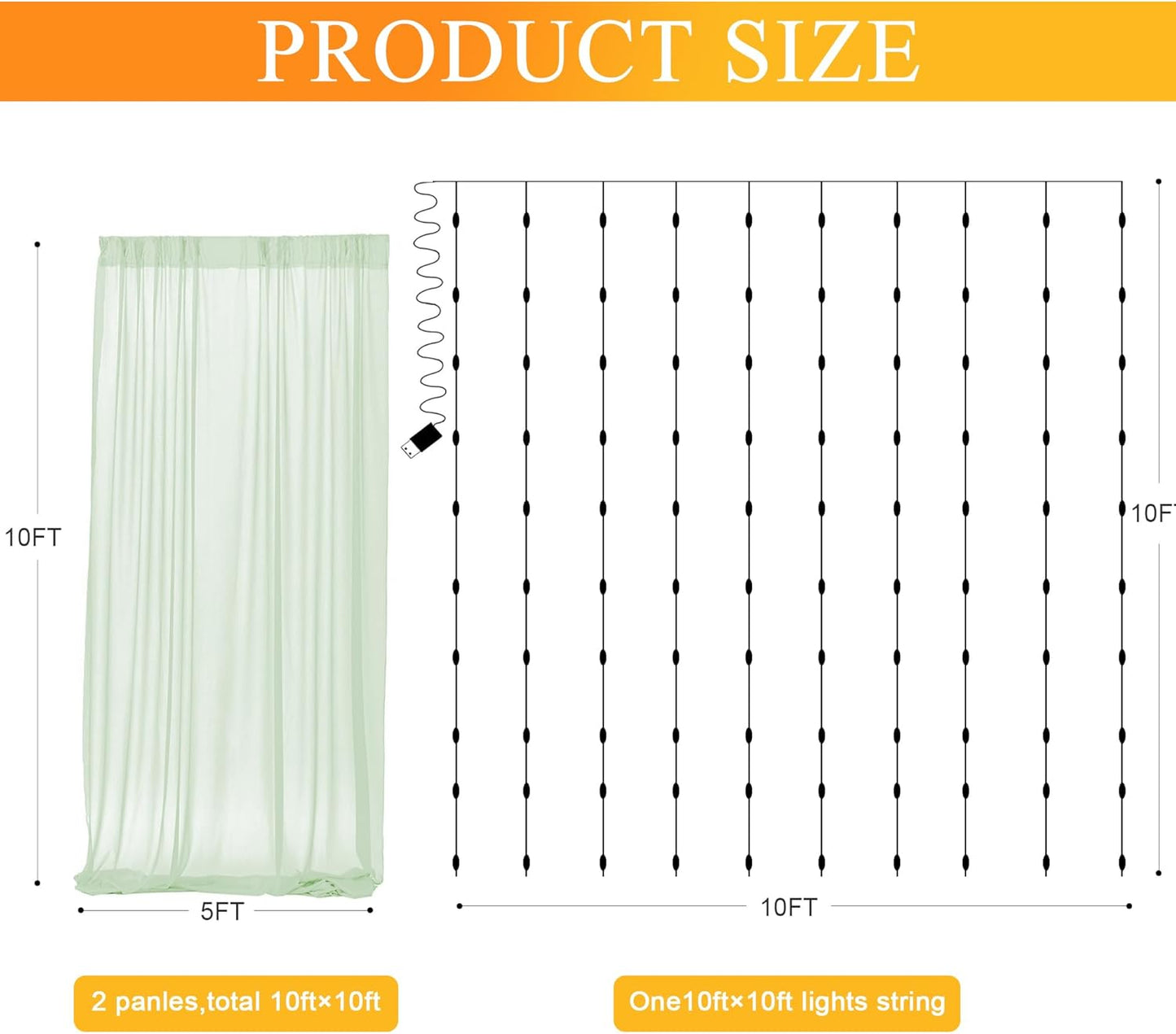 10FT 10FT (2 5x10FT) Fomcet Sage Green Tulle Backdrop Curtains with Lights String X Sheer Curtain with Lights Tulle