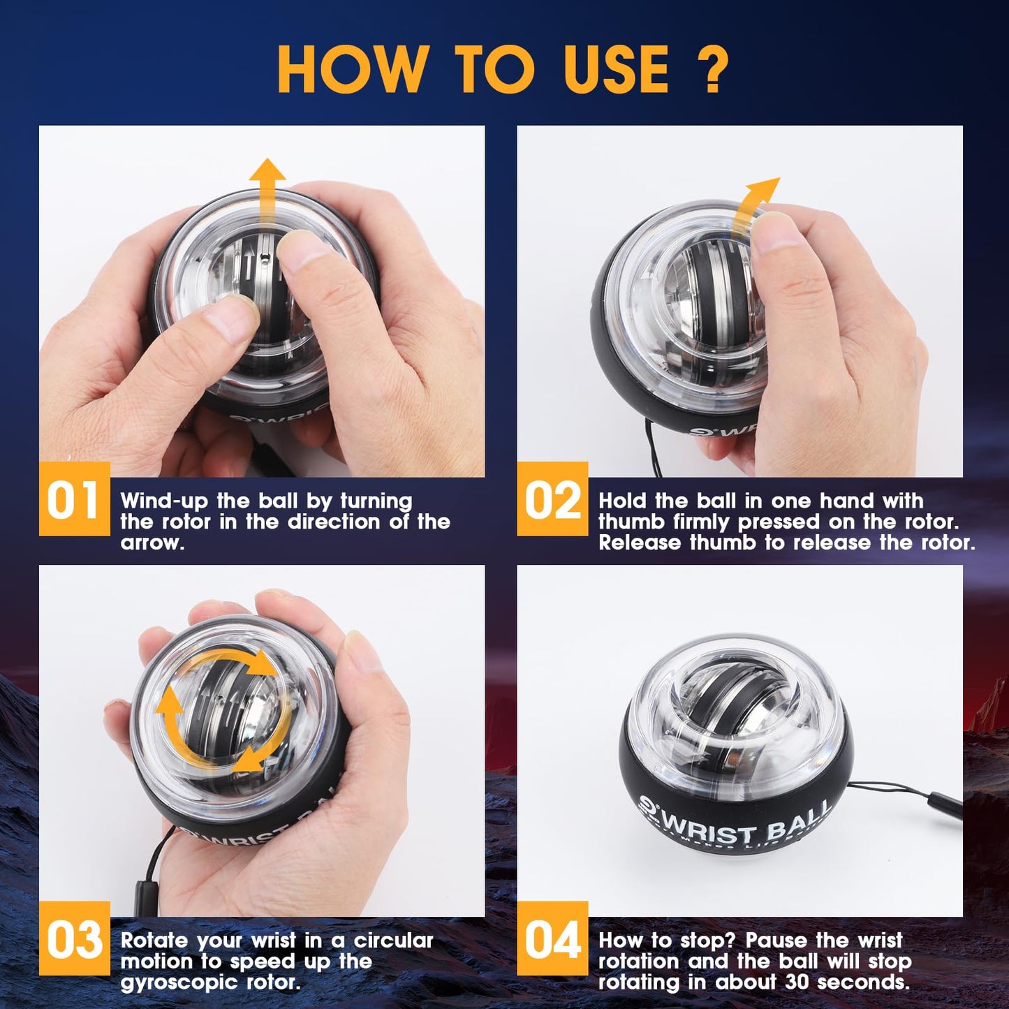 JIN BD Wrist Trainer Ball Auto-Start Gyroscopic Forearm Exerciser Gyro Ball for Strengthen Arms, Fingers, Grip and Muscles Black (Colorful Light)