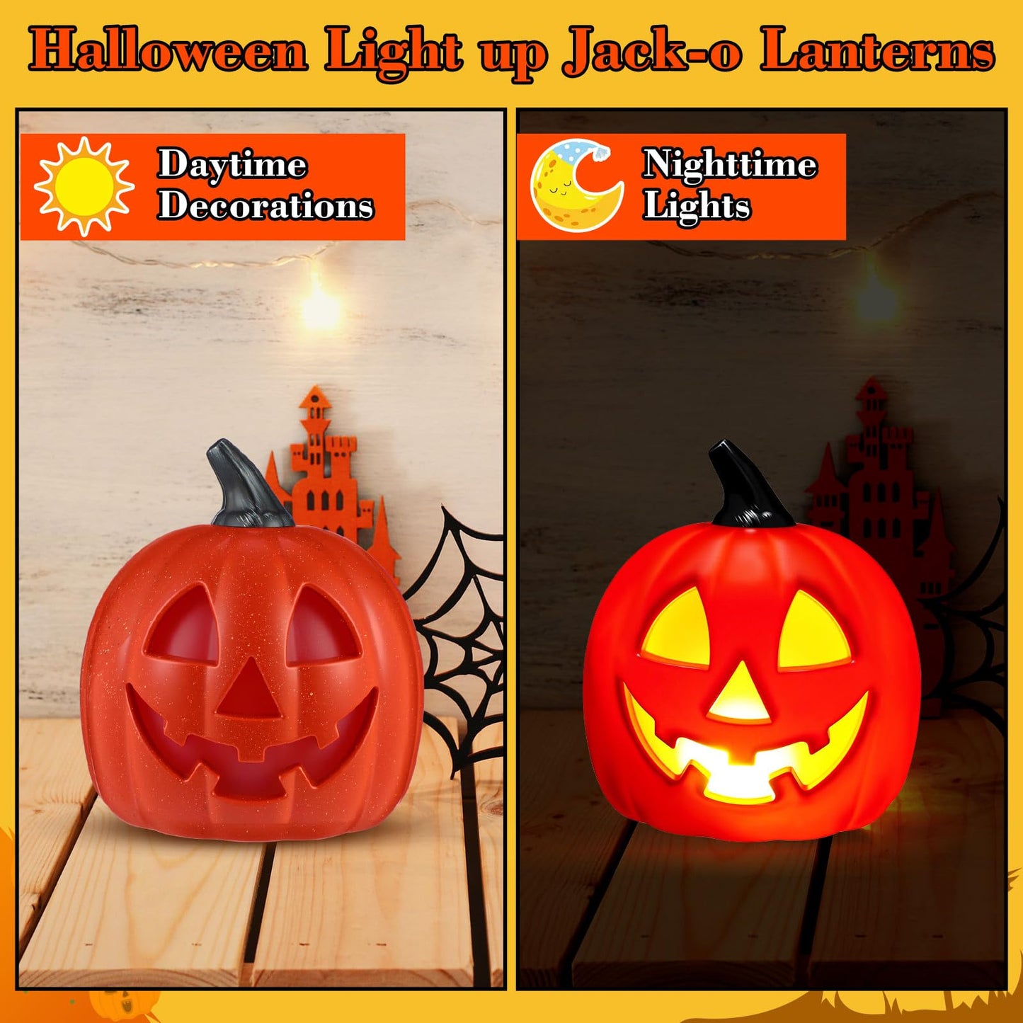 Kittmip 6 Pcs 8.5 Inch Halloween Plastic Jack O Lantern Pumpkins Battery Operated LED Pumpkin Decoration Light up Jack-o Lantern for Indoor Outdoor Yard Lawn Porch Garden Party(Orange)