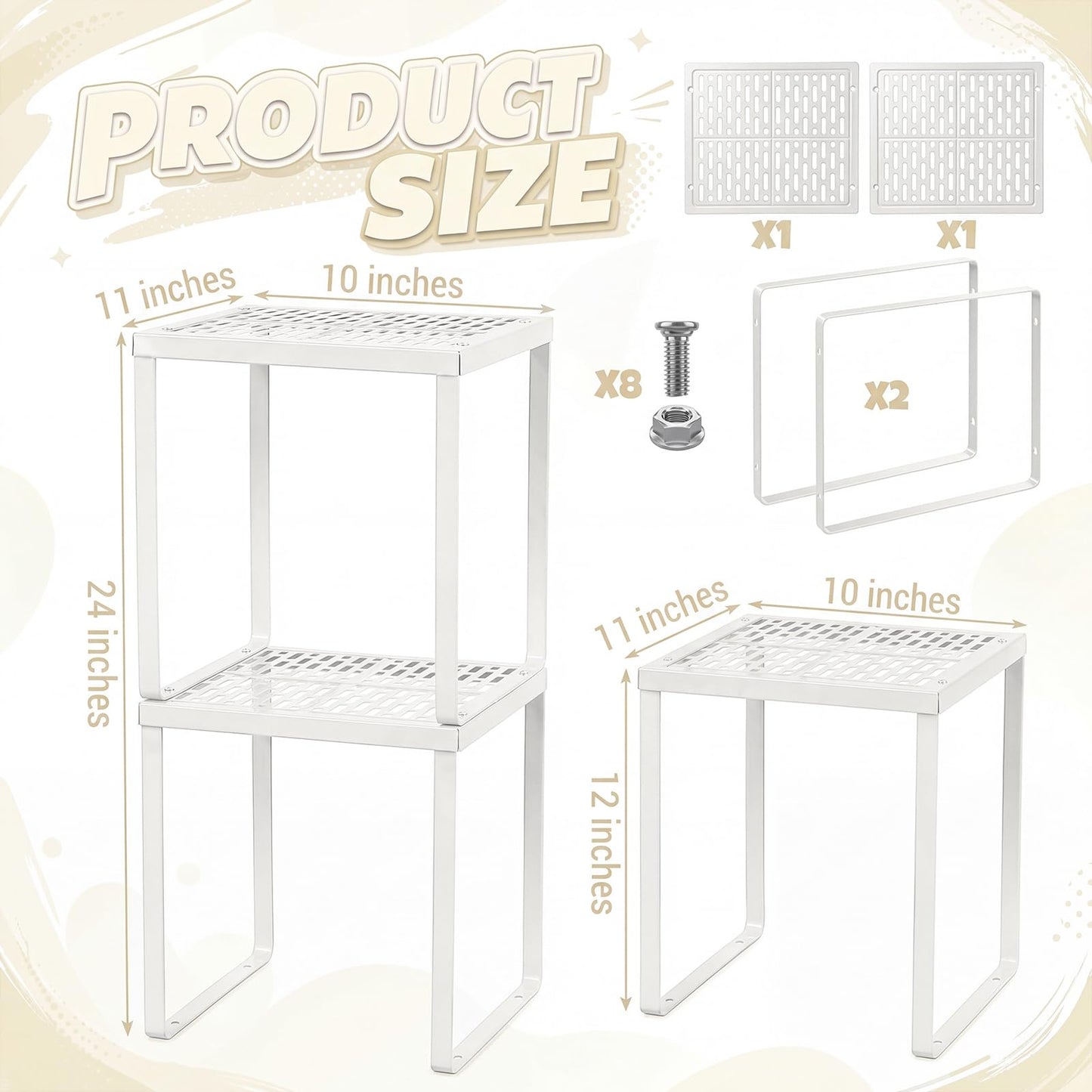 Colarr 2 Pcs Locker Organizer Shelf Stackable 2-Tier Shelves Fits Standard Size School Lockers Heavy Duty Metal Locker Shelf for School Office Gym Lockers Home Storage 11x 10 x 12 Inch(White)