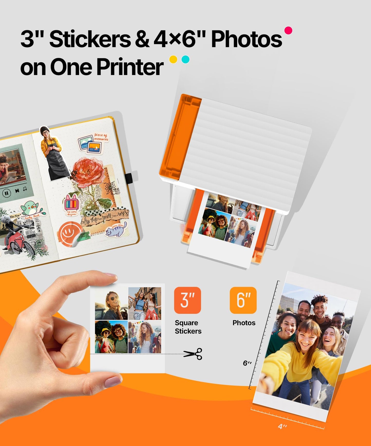 Liene Amber M110 Bluetooth Photo Printer 80 Sheets, Portable Photo Printer for iPhone, Thermal Dye Sublimation, Picture Printer 60 Sheets 4x6 Paper & 20 Sheets 3" Square Sticker Paper & 2 Cartridges