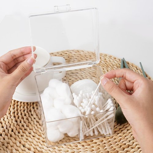 Adorila Cotton Swab Holder - 2-Compartment Design with Easy-Open Lid | Compact Clear Organizer for Bathroom