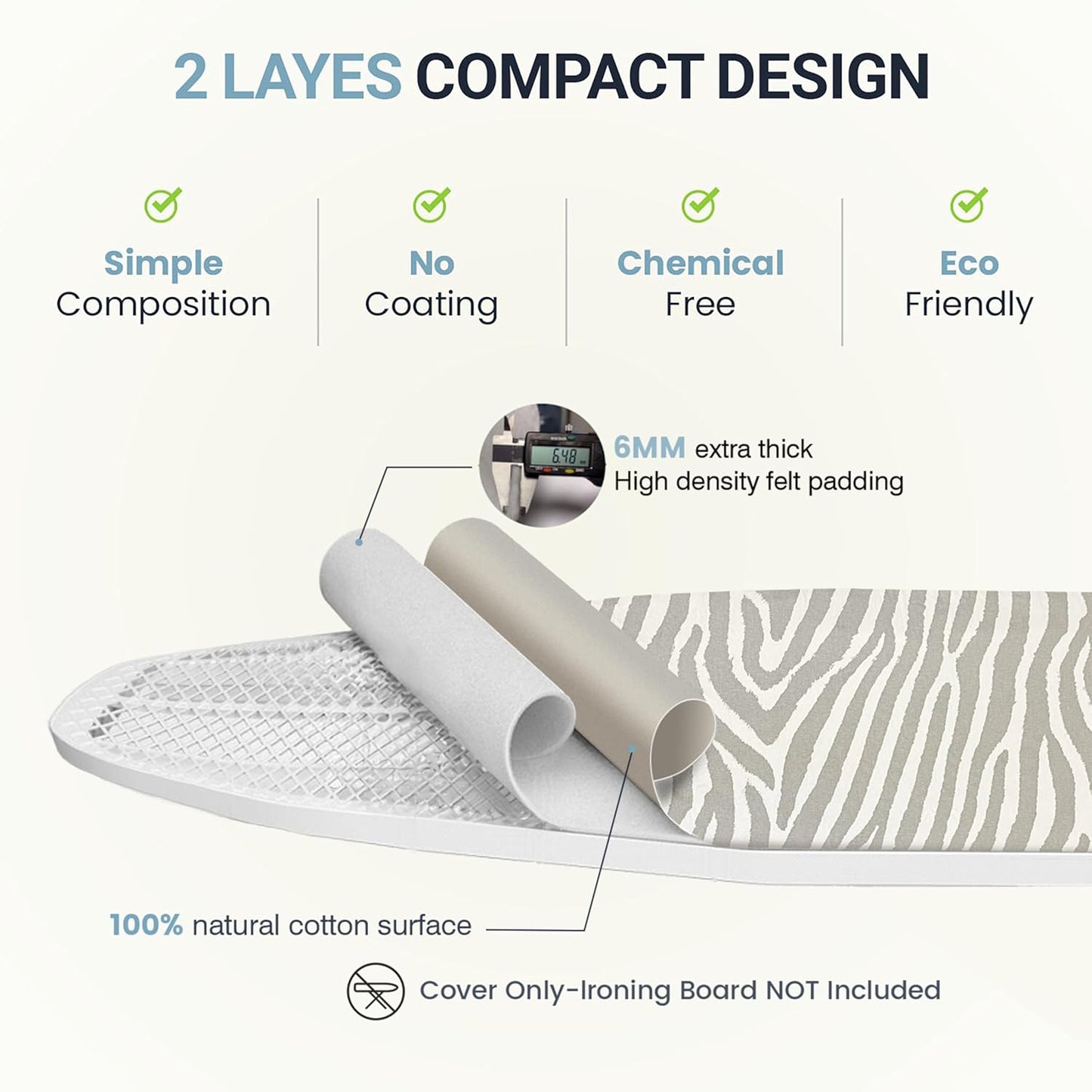 UniSimp Ironing Board Cover - Extra Thick Natural Cotton, Scorch & Stain Resistant | 18"x54" Zebra Design