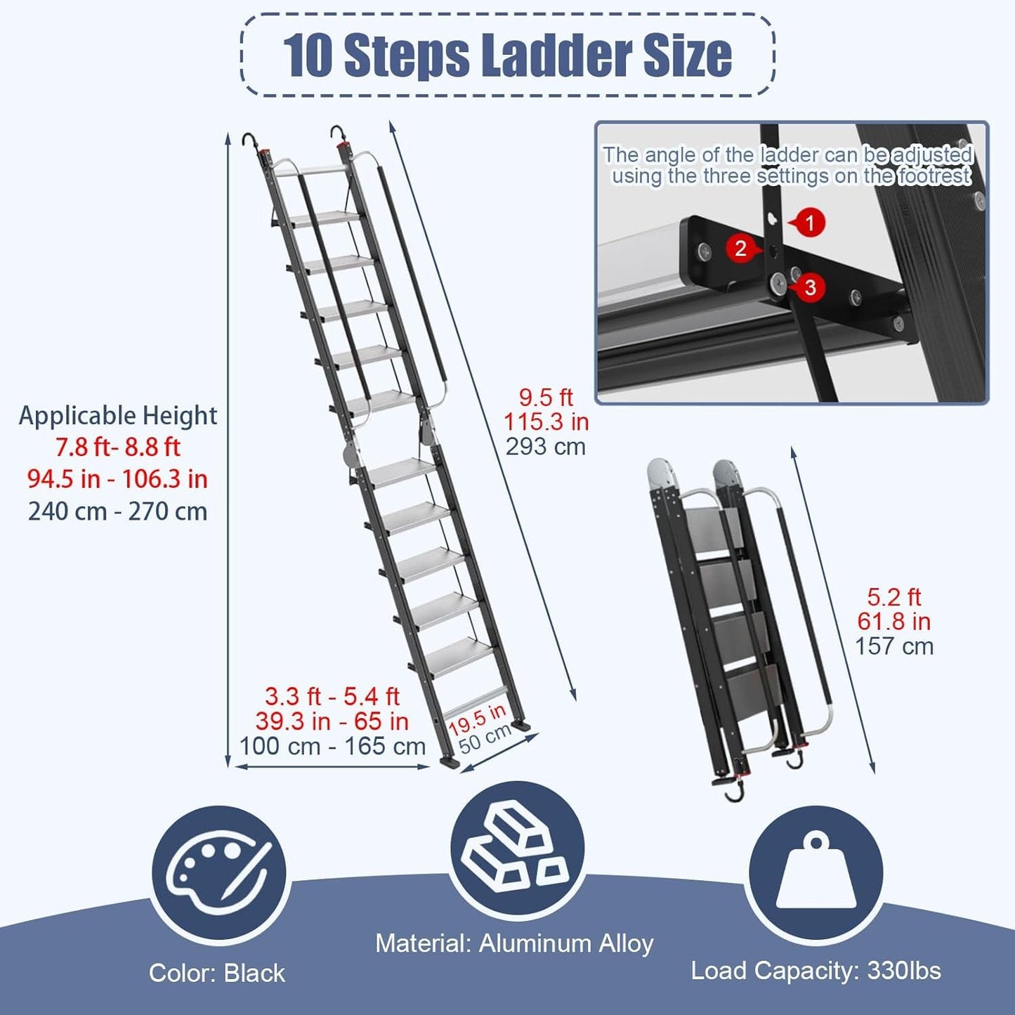Foldable Aluminum Loft Stairs Ladder 8.5ft / 9ft / 9.5ft / 10.5ft / 11.5ft, Heavy Duty Bunk Bed ladders with Handrails ＆ Hooks, 10 Step Attic Ladder for Small Opening, Load 330 lbs