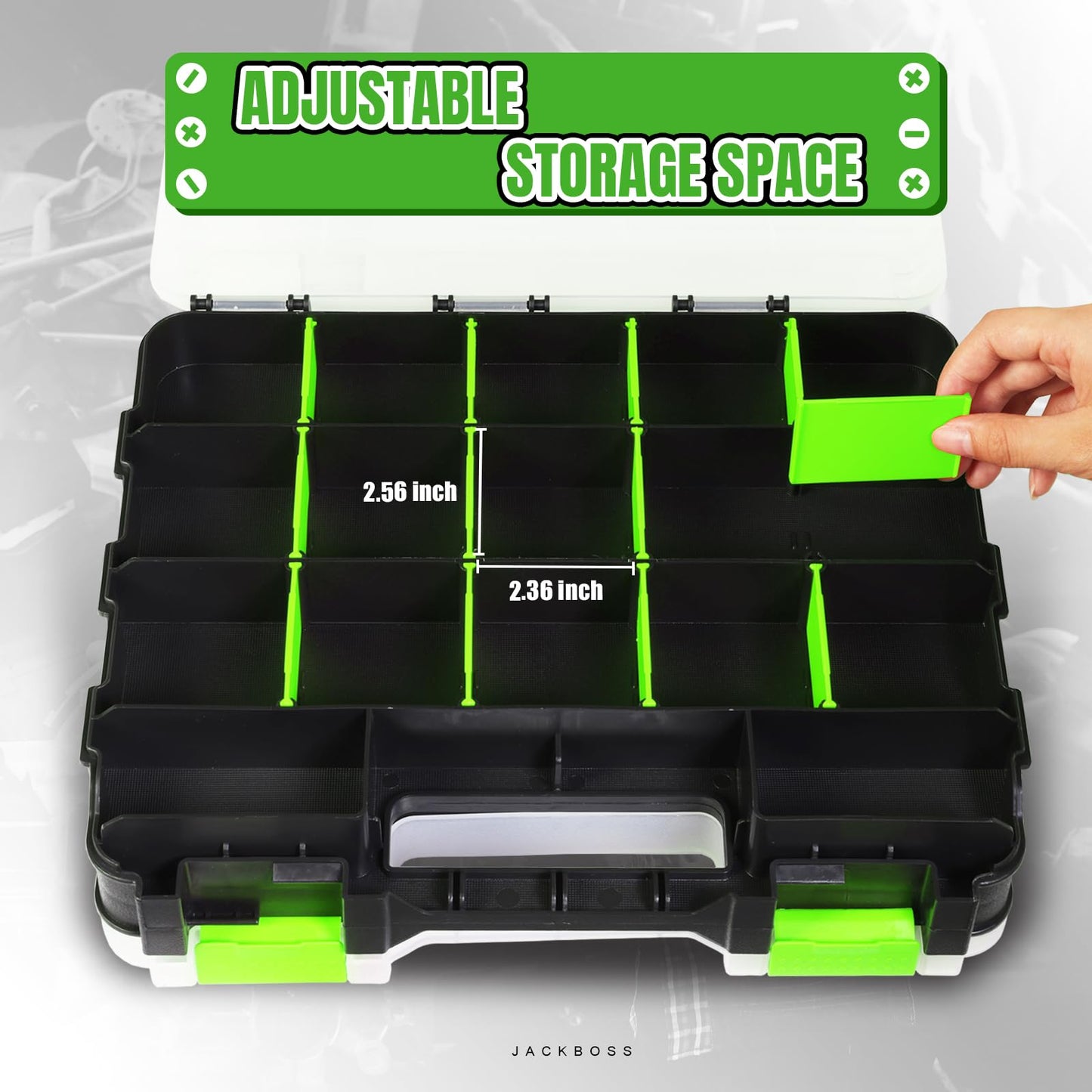Jack Boss Tool Box with Transparent Lid, Double Side 34-Compartments Organizer Box with Removable Dividers for Hardware, Screws, Bolts, Nails, Beads, Jewelry and Fishing Accessories, Green, 2 Pack