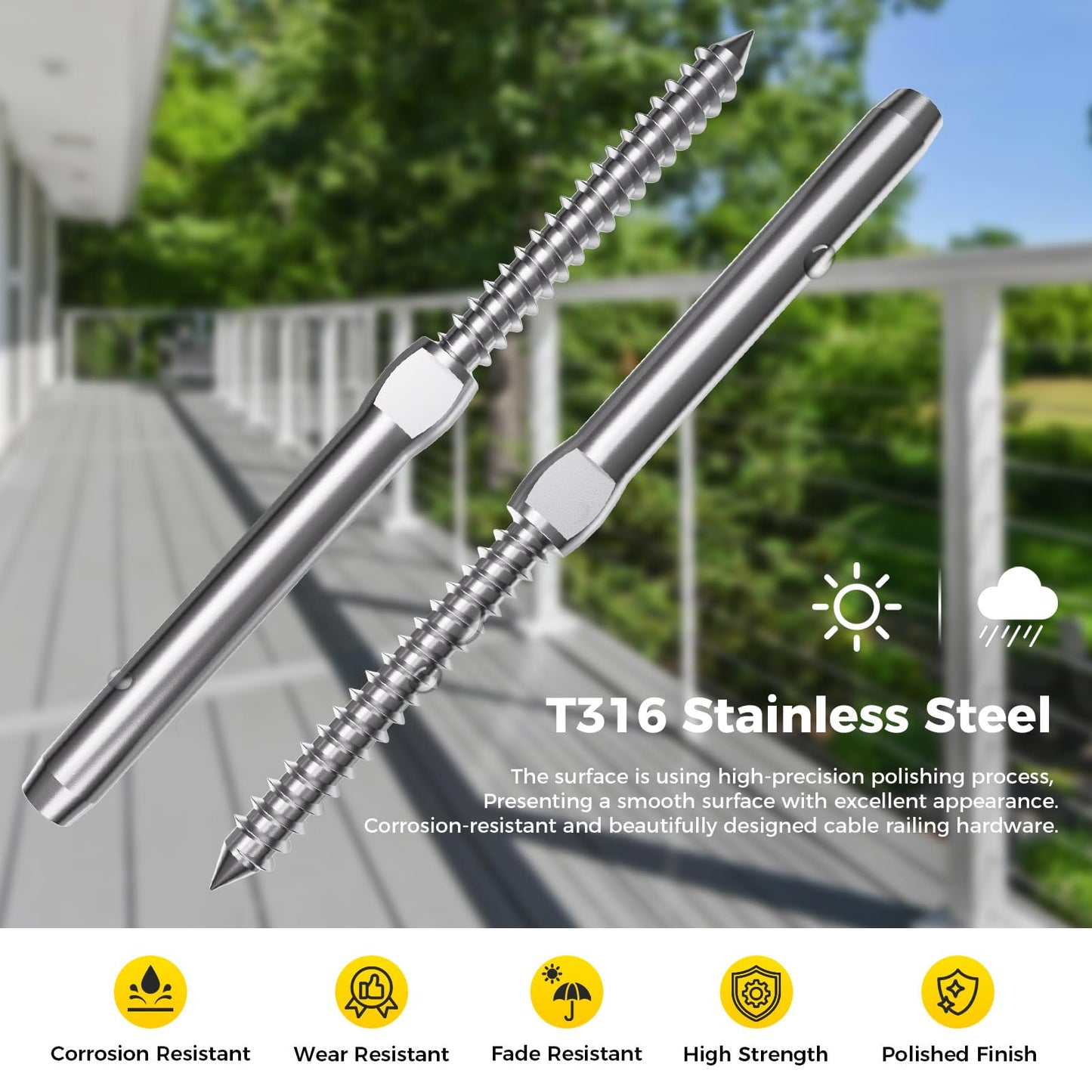 WAYSKA 80 Pack T316 Marine Grade Stainless Steel Cable Railing Hardware kit, 3/16" Right & Left Handed Thread Swage Lag Screws for Wood Post, DIY Deck Cable Railing System, Wrench Included(40 Pairs)