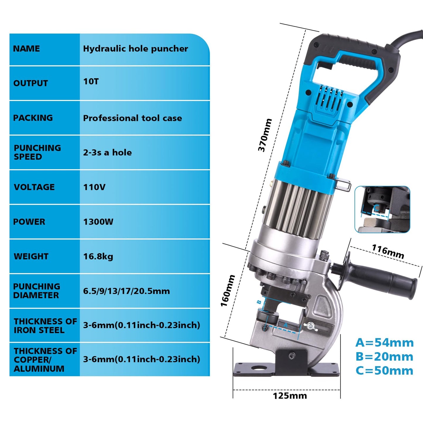 CENTALL 1300W Electric Hydraulic Hole Puncher Φ1/4"-4/5" Hydraulic Punching Machine Punching Tool Portable Punch Machine with 5 Dies for Iron Copper Aluminum Plate Angle Steel PM20 (Blue)
