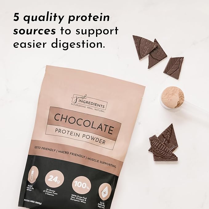 JUST INGREDIENTS Chocolate Protein Powder ??20-Serving Blend with 100% Grass-Fed Whey & Organic Plant Proteins ??Rich Cocoa Flavor ??Supports Muscle Recovery, Energy*