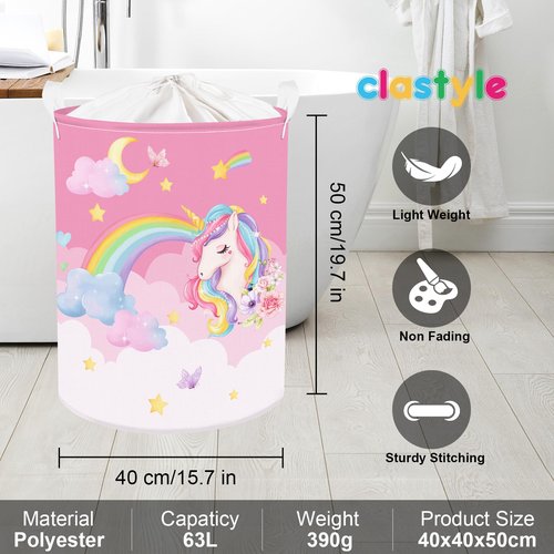 Clastyle 63L Unicorn Rainbow Collapsible Laundry Basket Large Pink Dirty Clothes Hamper for Girl Moon Star Flower Toy Storage Basket with Lid, 15.7x19.7 in
