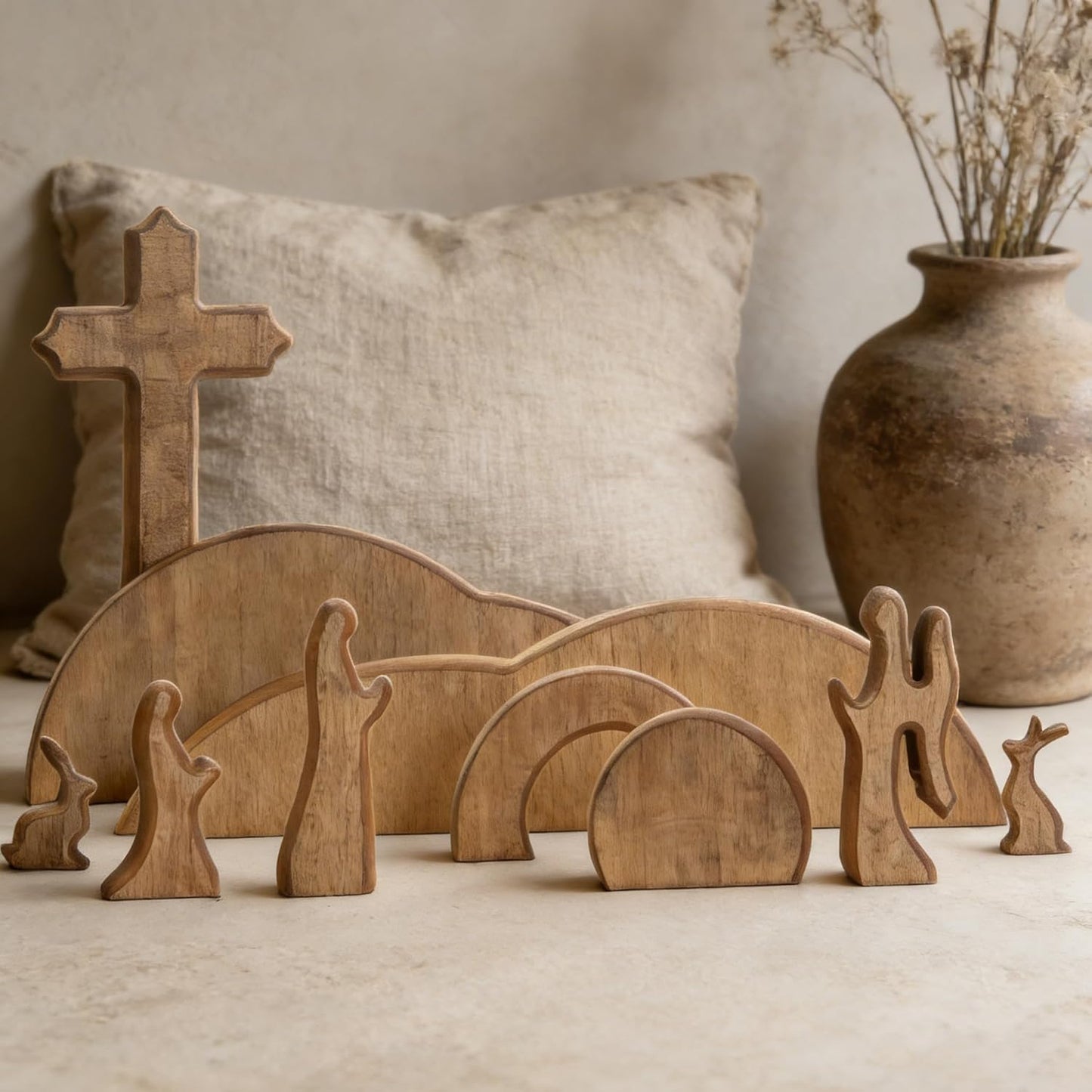 TW SHINE Easter Scene Decoration - Wooden Empty Tomb & Cross Tray Set for Home or Office
