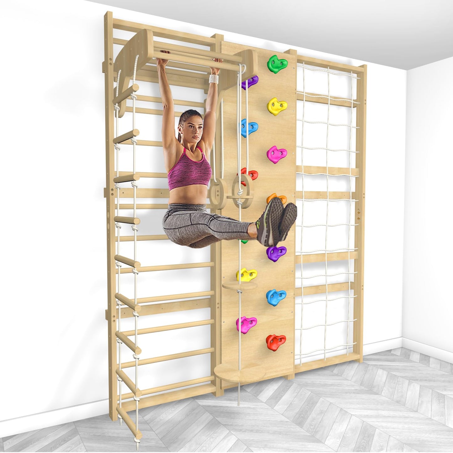 Upgraded Extra-Large Size 94.5inch Height 10-in-1 Swedish Ladder Gym Set, Home Playground with Swing, Rope Ladder, Pull-Up Bar, Slide and Rock Climbing Wall for Kids and Adults