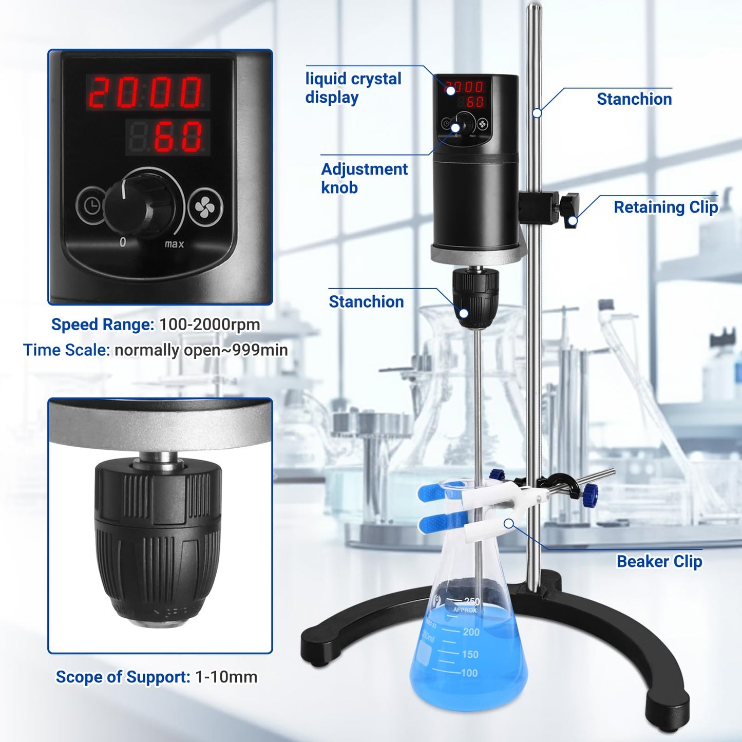 Vevitts Electric Overhead Stirrer LCD Digital Lab Mixer Time and Speed Adjustable Stirring Lab Mixer 100-2000RPM 20L Electric Overhead Mixer