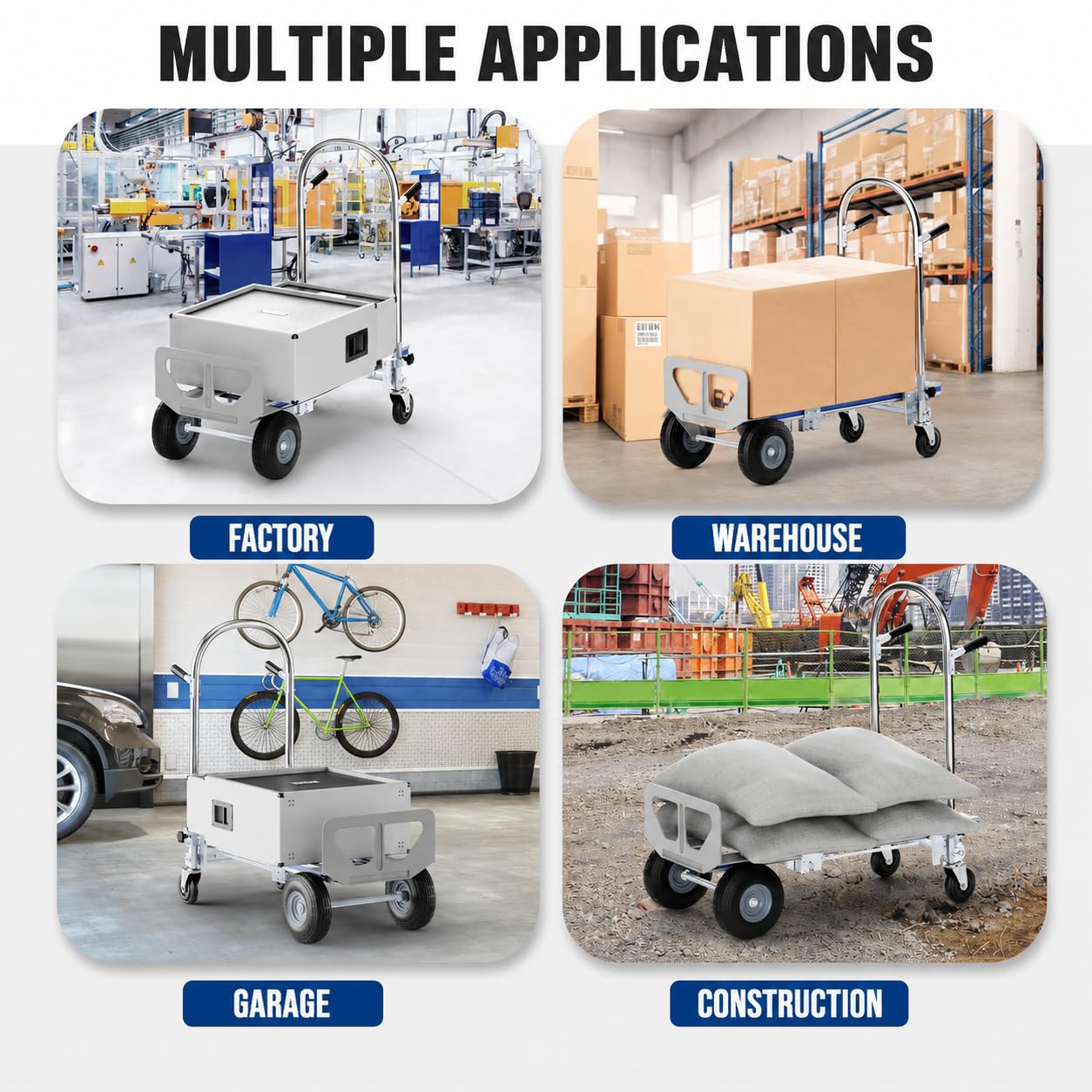 Hand Trucks Heavy Duty Aluminum Dolly Cart, 3 in 1 Design 1000 Lbs Capacity with Solid Wheels - Foldable, Portable, Ergonomic Handle, Perfect for Construction, Warehouses, Factories, Indoor & Outdoor