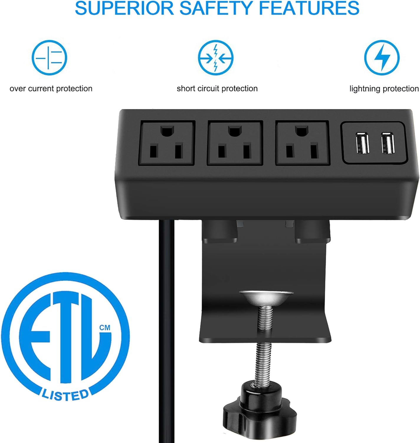 CCCEI 3 1200J. 125V 12A 1500W. Outlet Desk Clamp Power Strip with USB Ports, Desktop Power Strip Surge Protector Table