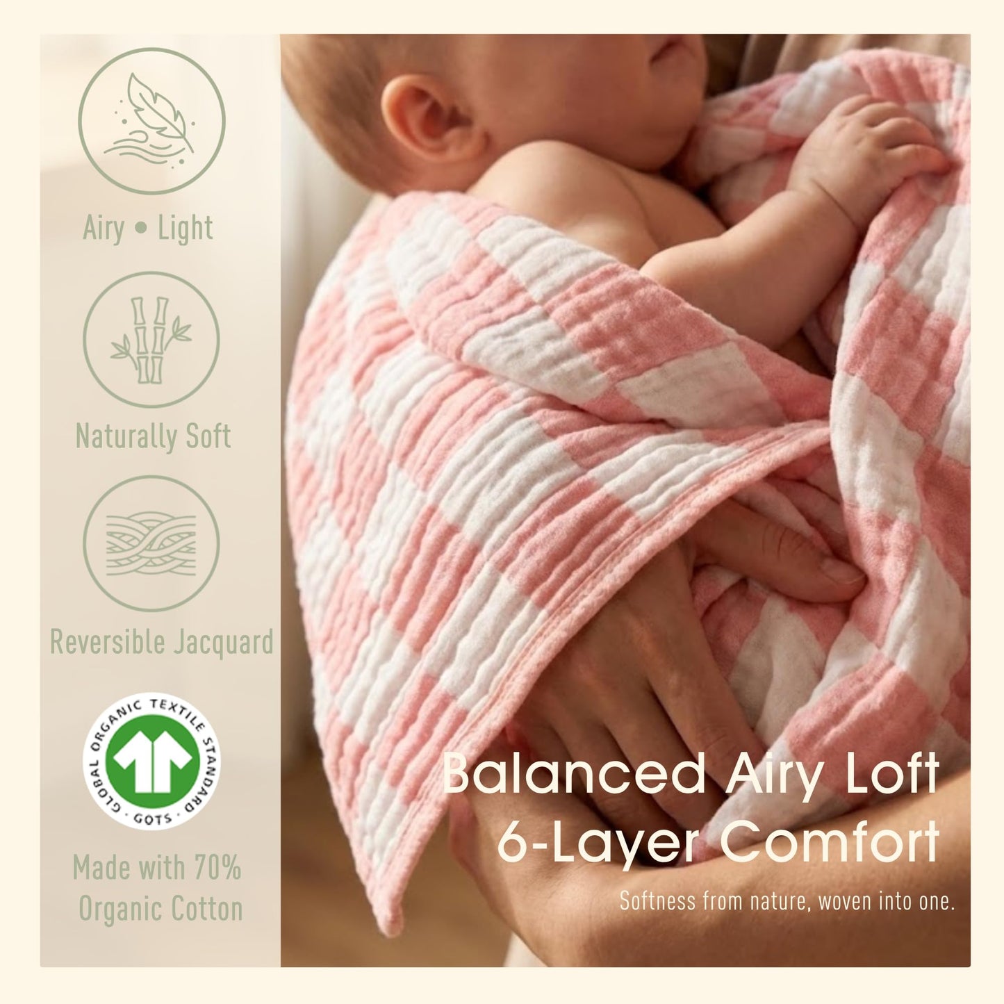 HardNok Ultra-Soft Muslin Baby Blanket - Swaddle & Crib for Girls, Pink Checkered (1-Pack)