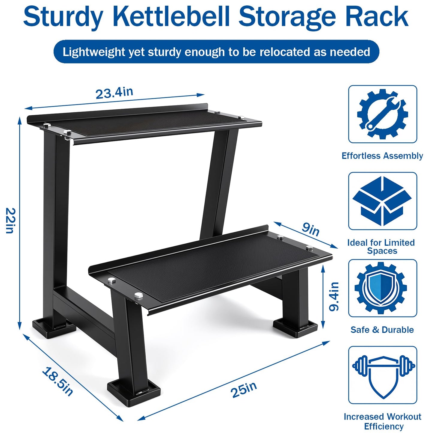 AUXHDK Kettlebell Storage Rack with Anti-Slip Pads, 2-Tier Weight Racks, Kettlebell Stand, Dumbbell and Kettlebell Rack for Home Gym Use