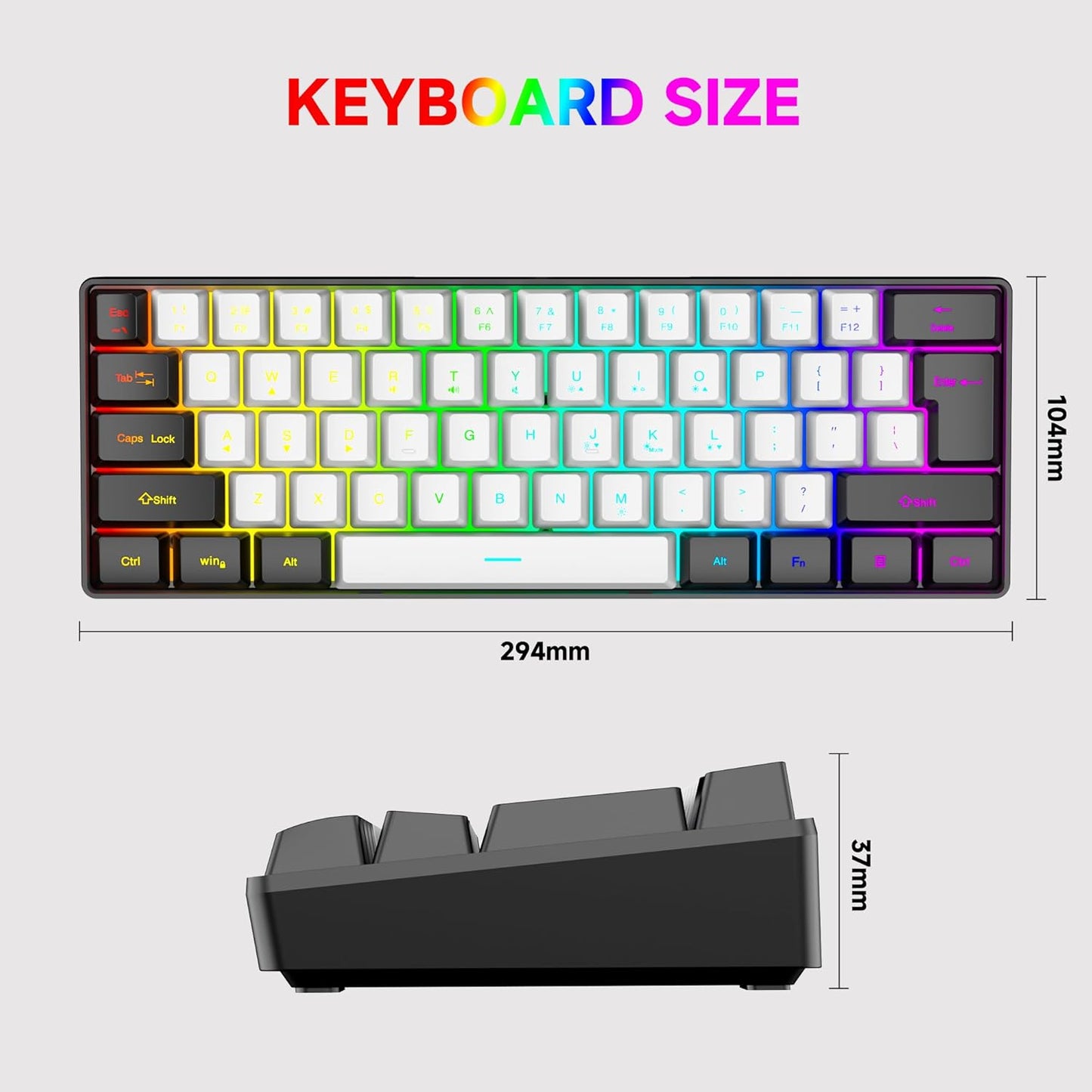 REBOCOON 61-Key 60% 8-Color 10/8/7) Compact RGB Gaming Keyboard Layout, Ergonomic Membrane Keys, Backlight, Plug & Play