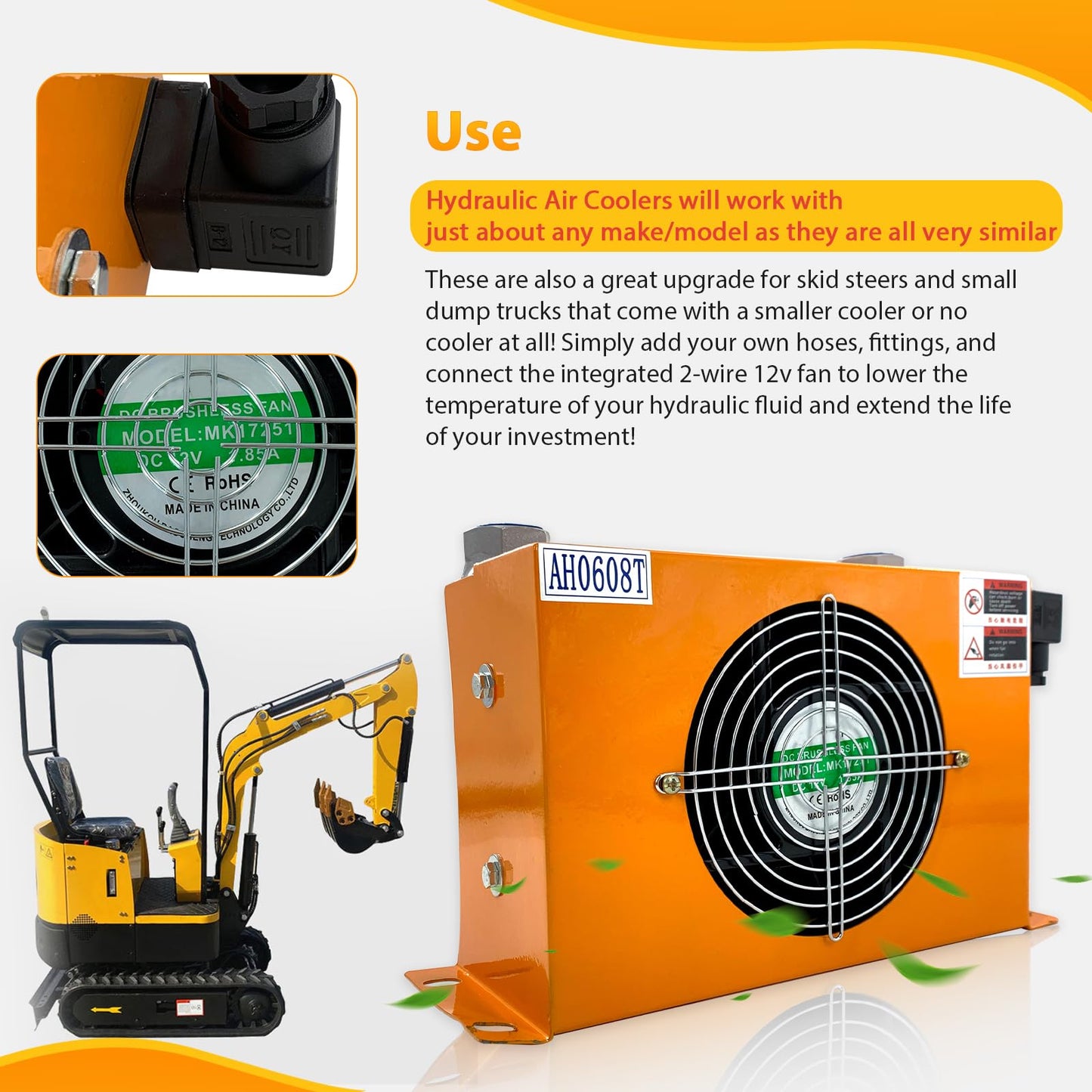 Hydraulic Air Cooler AH0608T-CA Air-Cooled Oil Radiator DC 12V 48W 60L/min Compatible with Most 1-2 Ton Excavator Makes and Models
