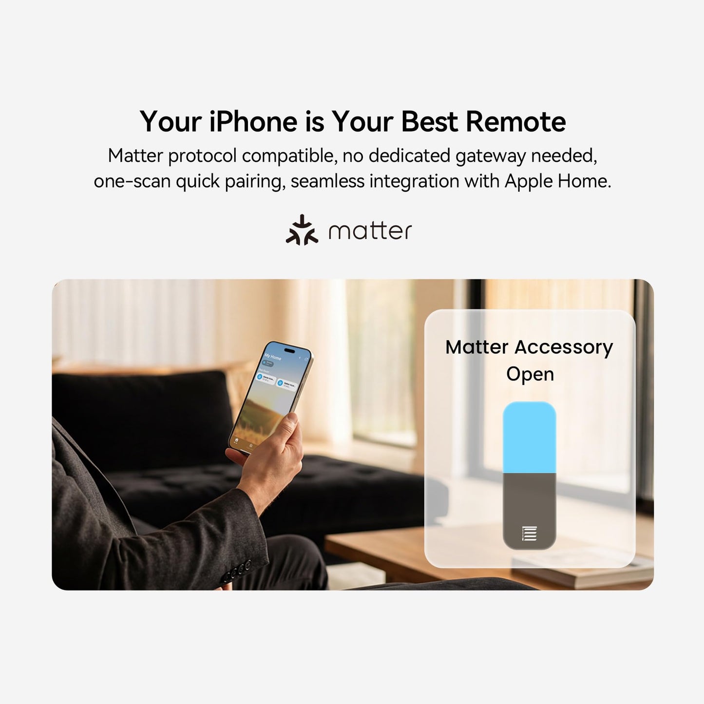 Remac M1 No-Cut Telescopic Motorized Curtain Track, Apple Home Certified Matter Smart Curtain System, Works with HomeKit Alexa Google Siri, Ceiling/Wall Mount for Bedroom Nursery Small Windows 42"-66"