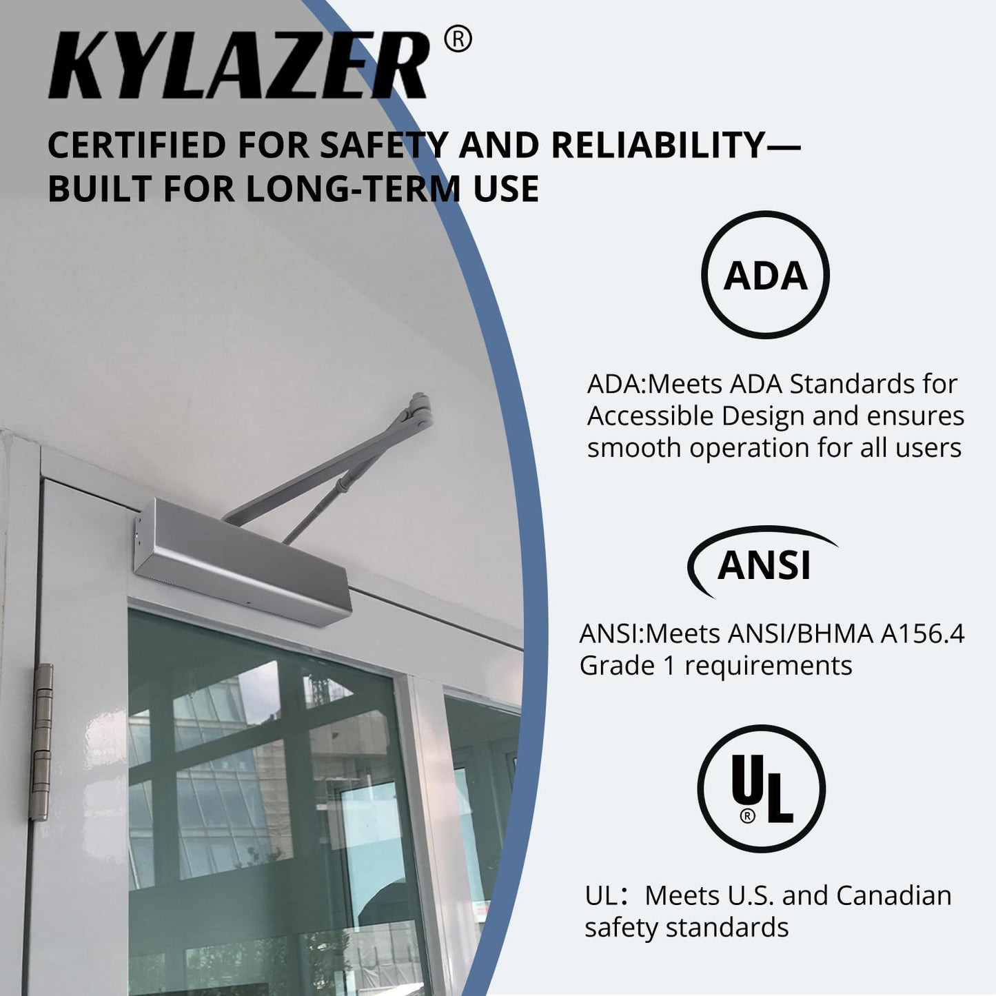 Commercial Automatic Door Closer，Grade 1 Heavy Duty Hydraulic Self Closing Door Hinge,Spring Adjustable from Size 1 to 6，Surface Mounting，ADA,UL