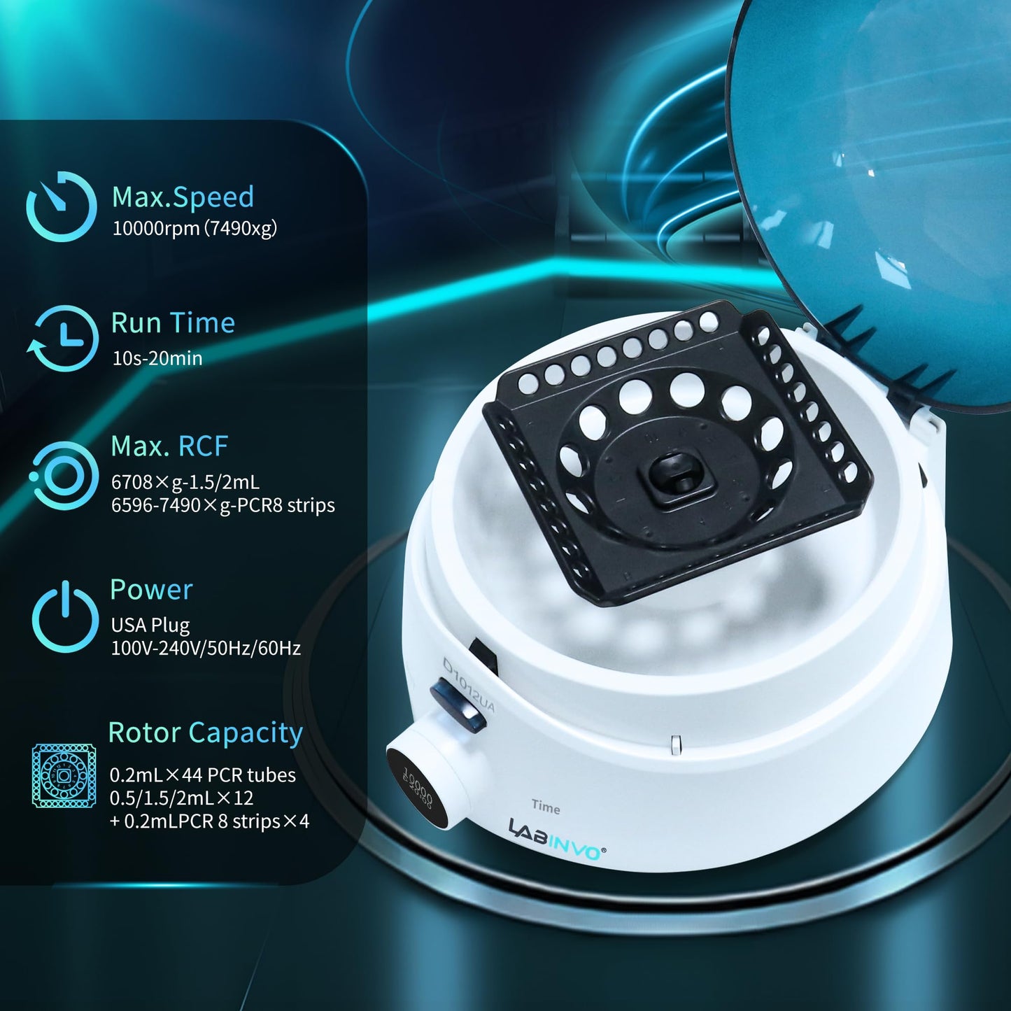 LABINVO Mini Centrifuge Machine, 10000RPM, OLED Display High Speed Lab Benchtop Centrifuges, 3-in1 Rotor for 0.5/1.5/2mL Tubes, and 4×PCR8 Strips, 0.2mL×44 PCR Tubes, IN-CEN001