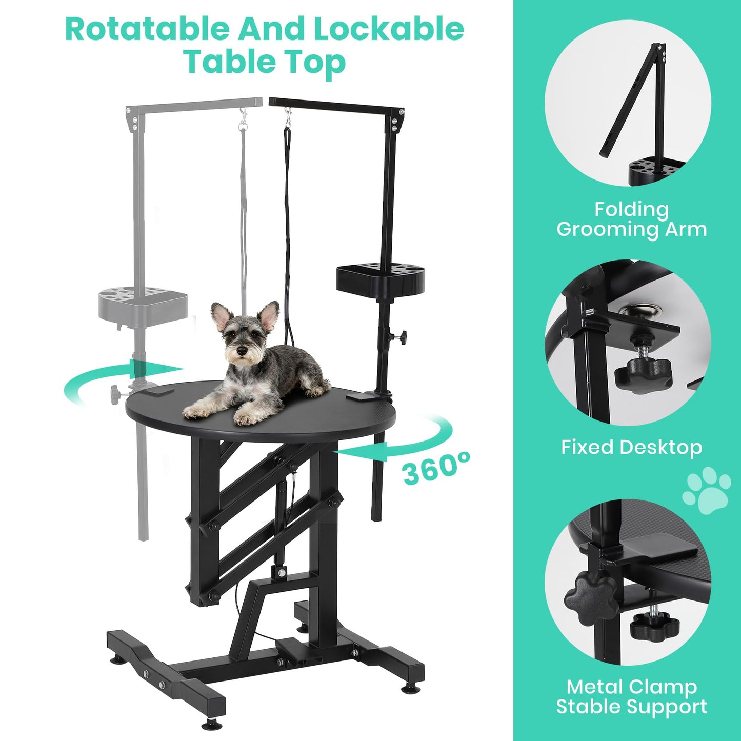 Hydraulic Lift Dog Grooming Table, Adjustable Height 26.8" to 39.3", Rotating Non-Slip Silicone Surface – Collapsible, Portable, 250LB Capacity,– For Large & Small Dogs or Cats – Pet Bathing