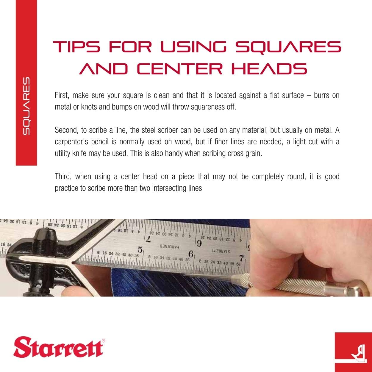 Starrett Steel Combination Square with Square Head - 12" Blade Length, Cast Iron Heads, Reversible Lock Bolt, Scriber, Spirit Level, 4R Graduation Type - 11H-12-4R