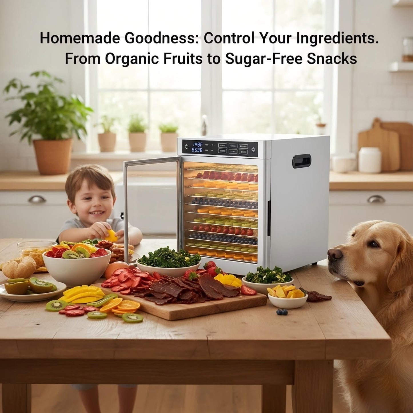 Commercial Food Dehydrator 12 Tray Stainless Steel with One-Touch Presets, 800W Professional Jerky Maker with Dual Fans, 360° Airflow, 86°F-185°F Digital Timer for Herbs, Fruits, Dog Treats