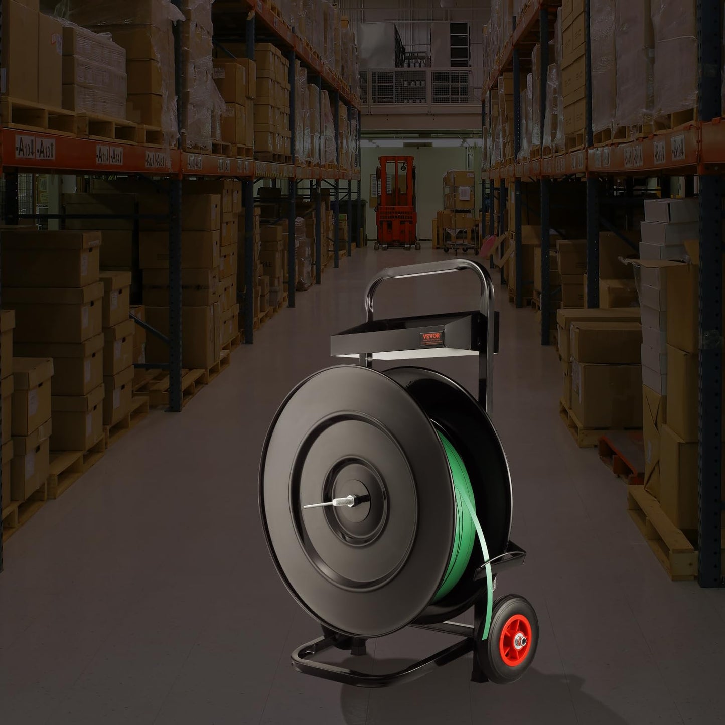 VEVOR Banding Strapping Cart, for PET/PP/Fiber Strapping Coils with 8" or 16" Core Size, Heavy Duty Strapping Dispenser, Equipped with Anti-Retreat Pulleys, Upgrade Brake System, Spacious Tray
