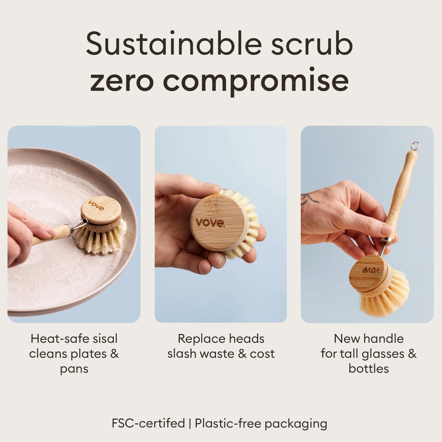 Vove Cleaning Essentials Set – Bamboo Dish Brush with Replacement Head, 2 Scrub Brushes, 2 Scrub Sponges – FSC Certified, Plastic-Free, Natural Bristles & Loofah – Eco-Friendly Kitchen Cleaning Kit
