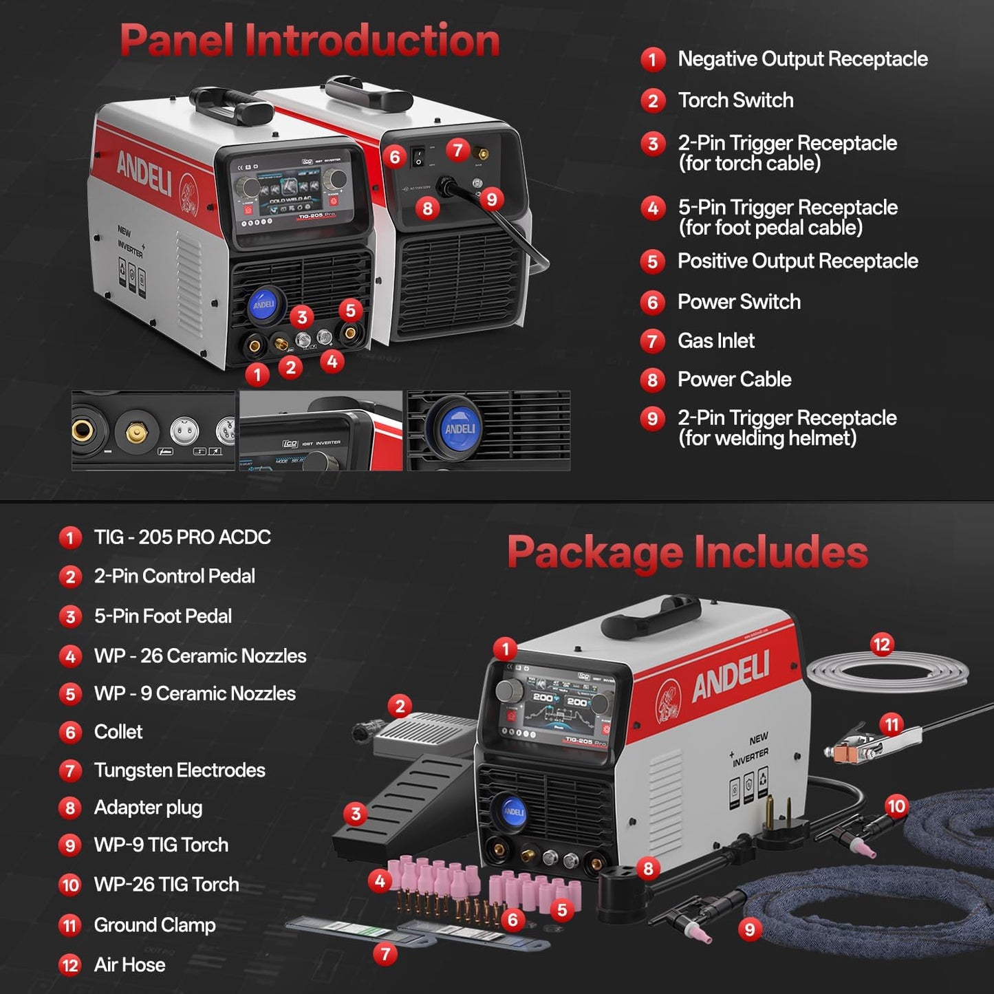 ANDELI 10-in-1 Aluminum TIG Welder with Foot Pedal AC/DC，Large LCD Digital Display 205Amp Cold TIG Welder with Pulse/Square/Sine/Trapezoidal Wave/Stick/Cold/Spot,110V/220V Dual Voltage