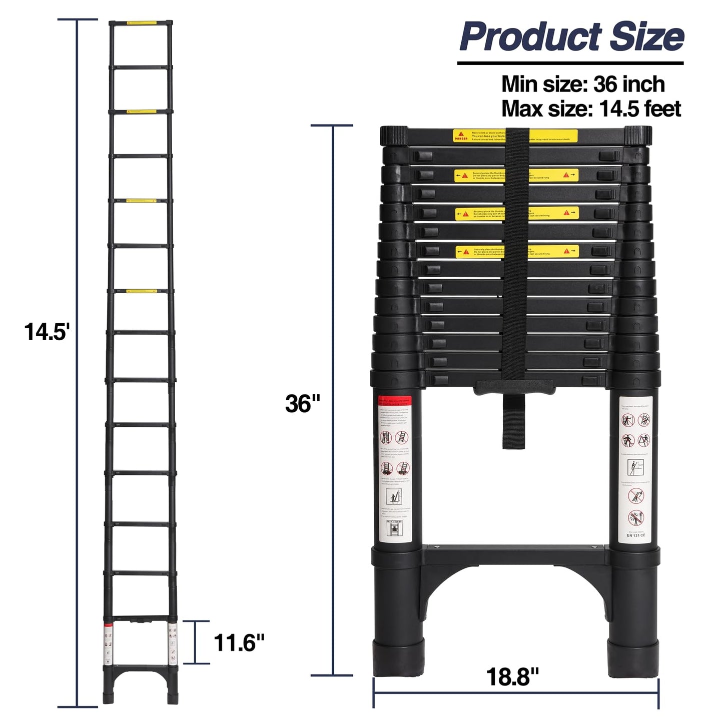 BOCOM 14.5 FT Aluminum Telescoping Ladder, Lightweight Multi-Purpose Collapsible Extension with 2 Triangle Stabilizers, Heavy Duty 330 lbs Max Capacity, Ideal for Home, RV, and Outdoor Work Black