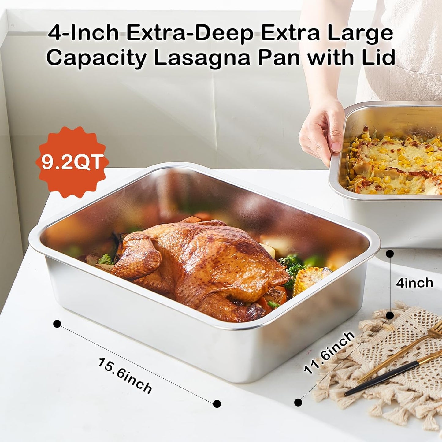 Skiennix 4-Inch Extra Deep Lasagna Pan - 11.6x15.6 Inch Nonstick Stainless Steel with Lid | 9.2QT Capacity