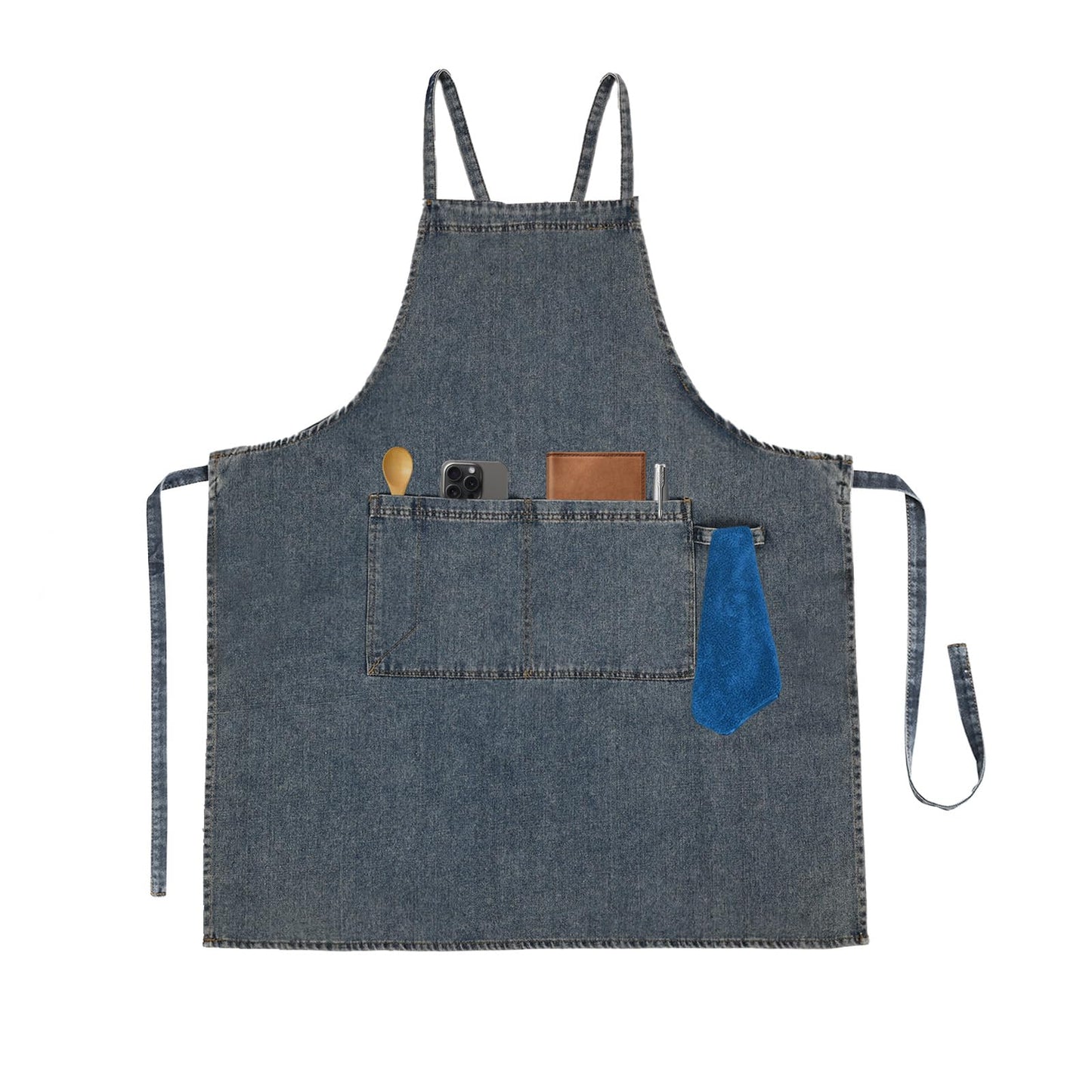 Surblue Cotton Denim Apron with Pockets Adjustable Jean Apron for Man Woman for Kitchen, BBQ, Garden, Workshop, Blue