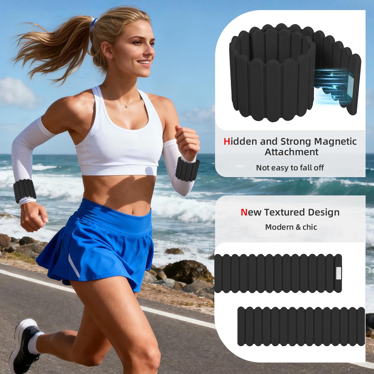Abahub Wearable Wrist & Ankle Weights Set of 2, Stackable Magnetic Weighted Bracelet for Women, Waterproof Silicone Arm Leg Weights for Home Gym Workout, Walking, Yoga & Pilates - Black, 2.2LB