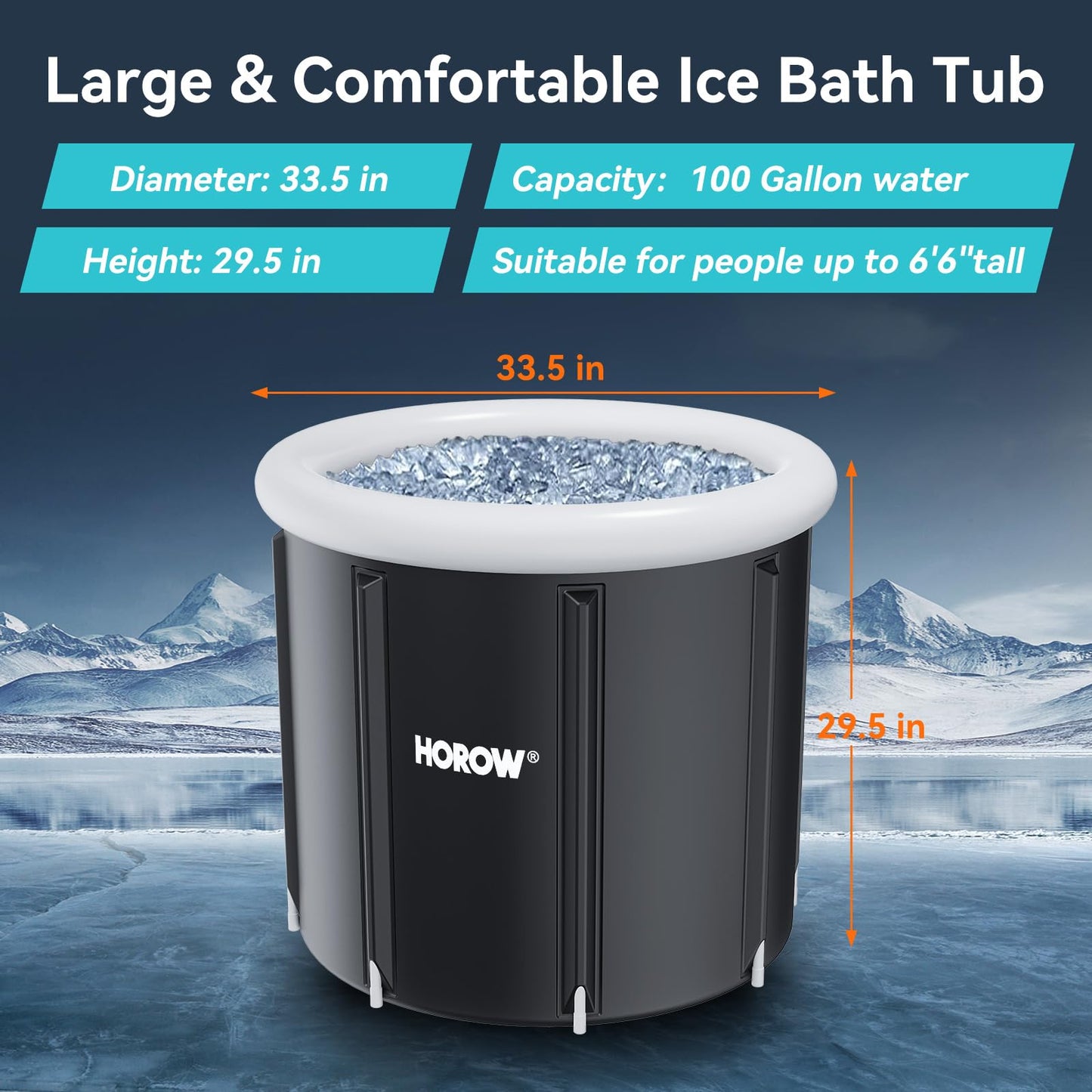 HOROW Ice Bath Cold Plunge Tub with Cover, Multiple Layered Portable Ice Bath Plunge for Cold Water Therapy and Recovery, Indoor & Outdoor Use for Athletes & Adults, 100 Gallons, Black, Round