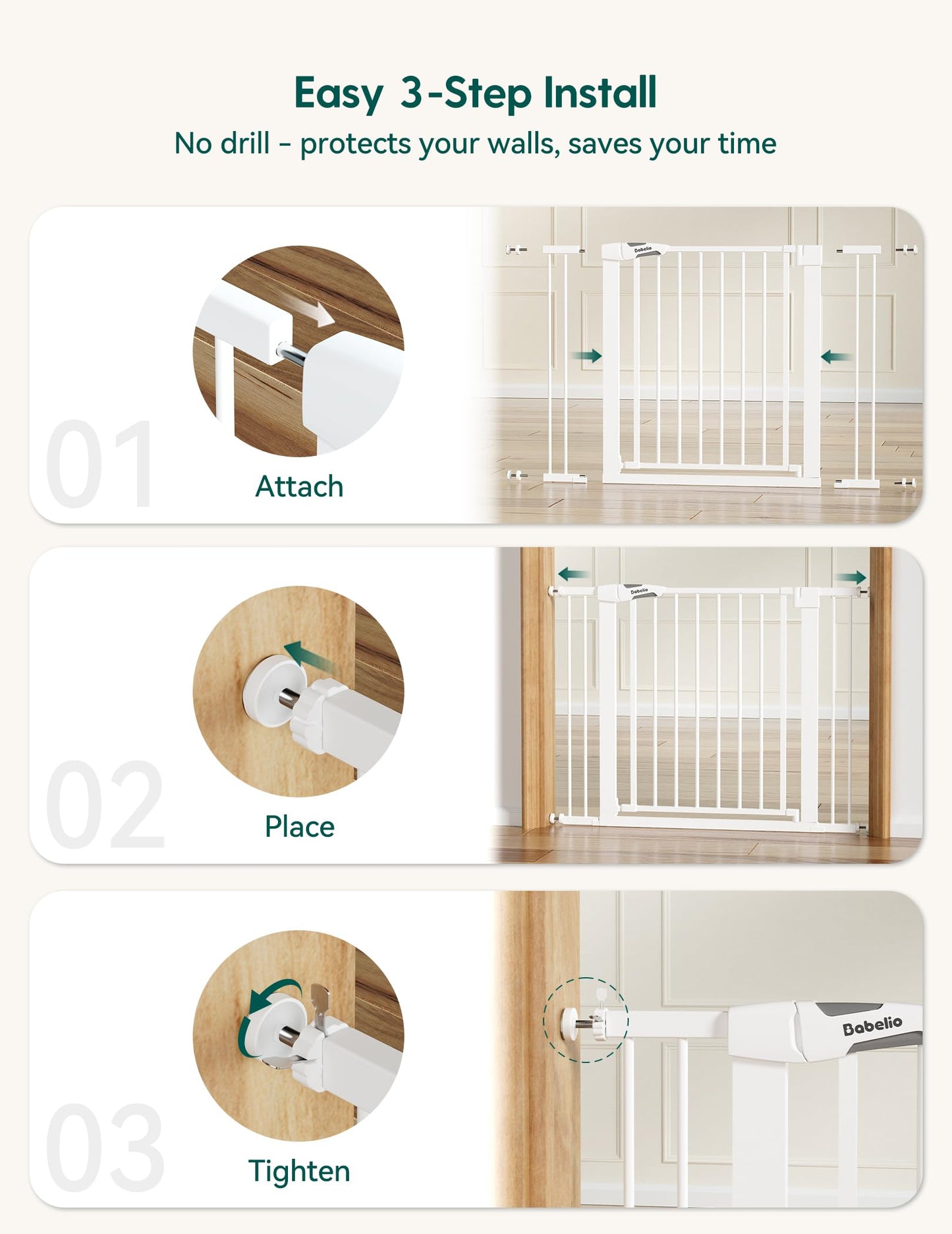 Babelio 29-55 Inch Extra Wide Baby/Dog Gate, PressGuard P7, Metal Auto Close, Pressure Mounted Pet Door for Doorways, NO Need Tools and Drilling, with Wall Cups, White
