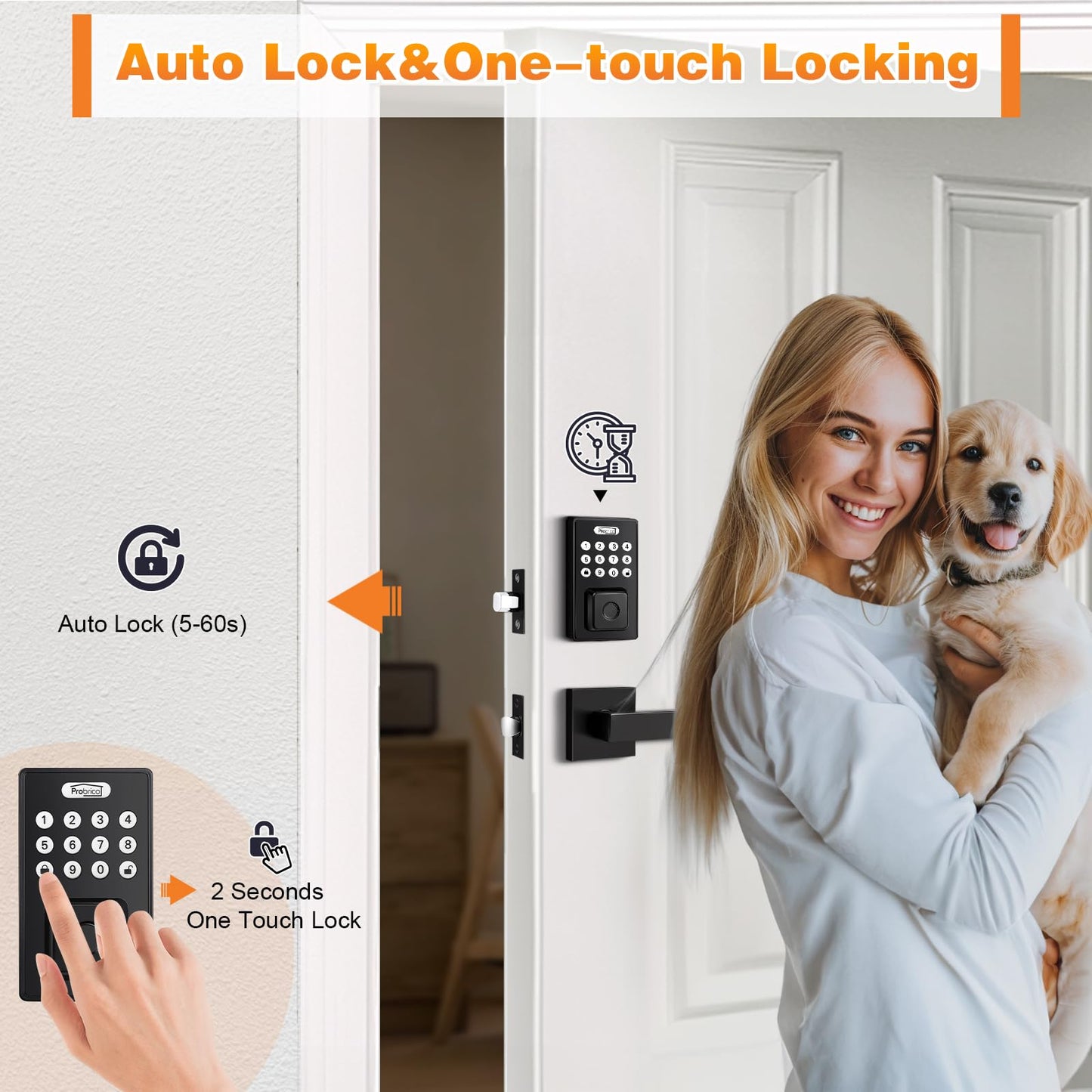 Probrico Keyless Entry Door Lock with Handle, Smart Locks for Front Door, Black Keypad Door Lock with Handle Fingerprint Lock, Electronic Keypad Deadbolt Lever, App Control, Auto Lock