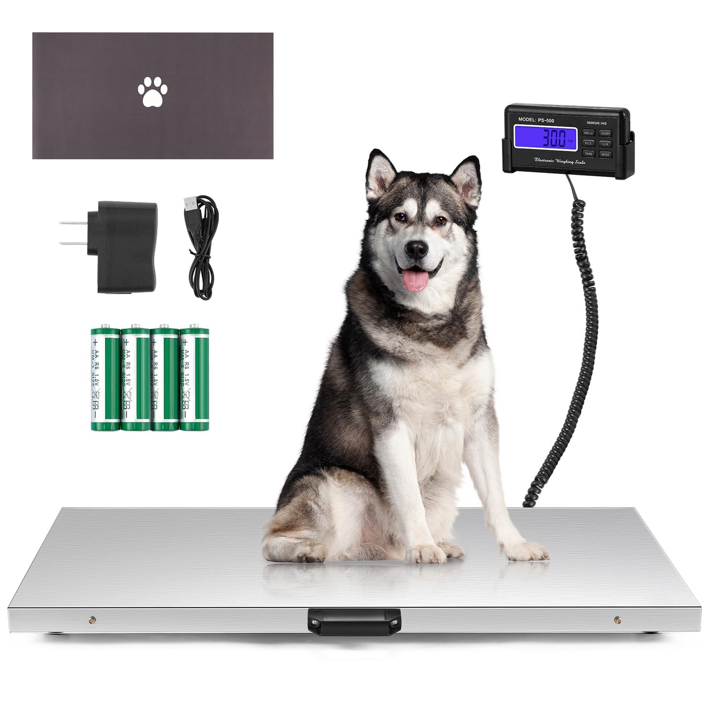 Bonvoisin Pet Scale for Large Dog 1100lb x 0.2lb, Postal Scale with Large Stainless Platform 40.5” x 20.8”, Animal Scales for Weighing,Vet Scale with Rubber Mat Livestock Scale for Dog, Sheep