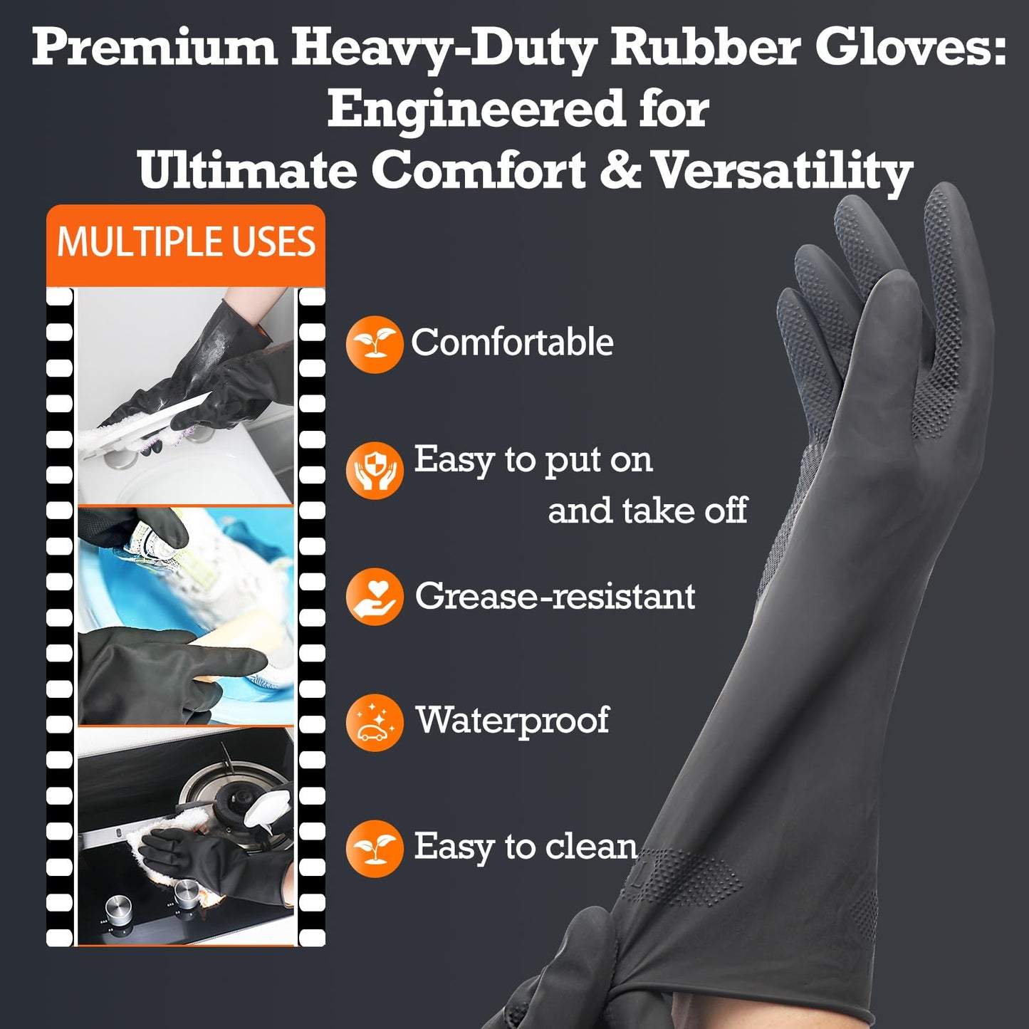 Exprosiflux Thick Rubber Cleaning Gloves - 3 Pairs Black Rubber Gloves for Dishwashing Large, Non-Slip Kitchen Gloves for Washing Dishes, Reusable Cleaning Gloves, Waterproof, Heavy-Duty (3P,L)