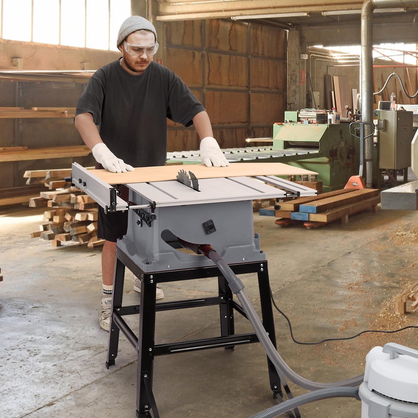 Table Saw, 10 Inch 15A Multifunctional Saw With Stand & Push Stick, 90° Cross Cut & 0-45° Bevel Cut, 5000RPM, Adjustable Blade Height for Woodworking, Grey