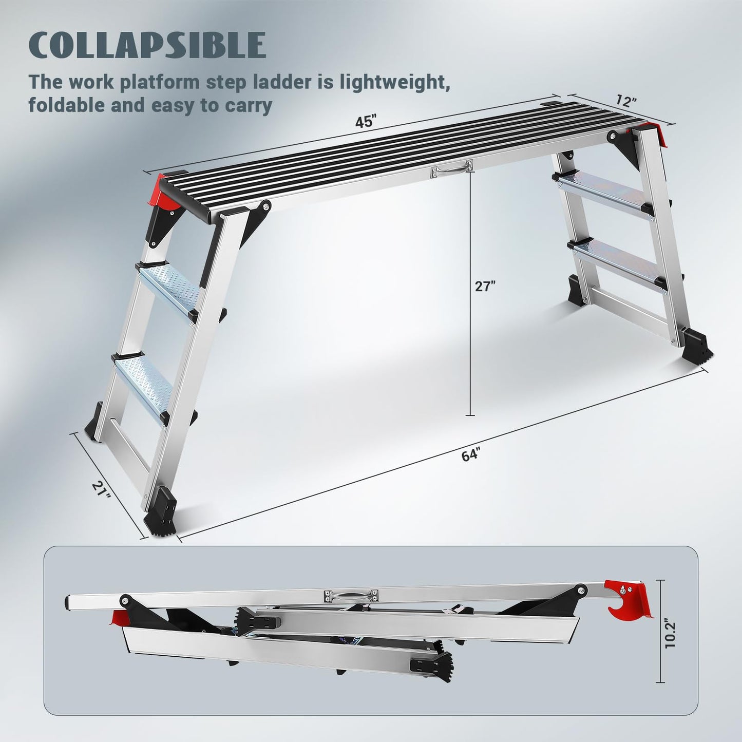 Work Platform Two Step Ladder, Aluminum Platform 45"×12"×27" Non-Slip, Heavy Duty Folding Work Bench 330 lbs Load Capacity for Washing Vehicles, Cleaning, Painting