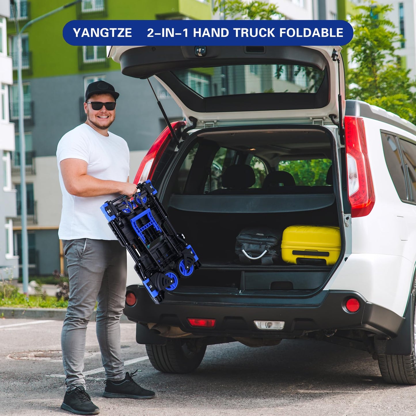 2-1 Folding Hand Truck Dolly,330LBS Capacity Dolly Cart,Foldable Dolly Hand Truck with Retractable Handle and 4 Rubber Wheels,Hand Cart Foldable for Luggage/Travel/Office/Moving