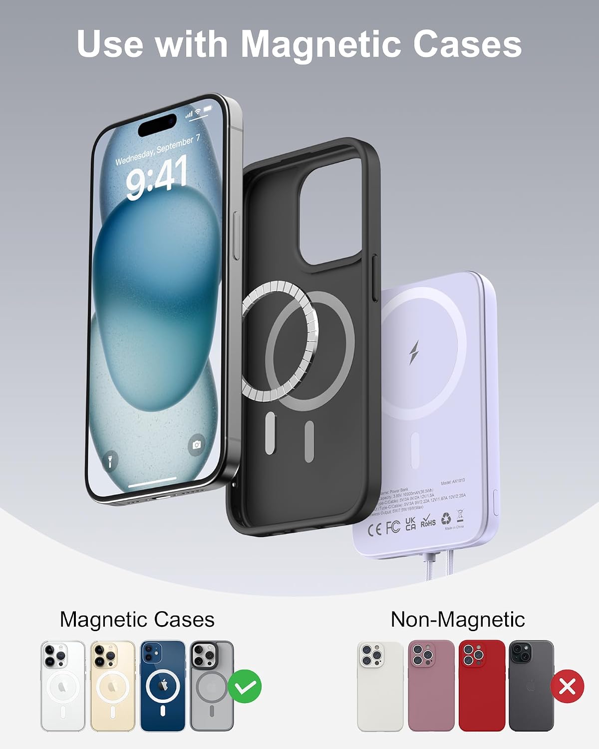 AsperX 10000mAh Pack 17/16/15/14/13/12 Magnetic Power Bank, Magnetic Portable Charger with USB-C Cable and Smart LCD