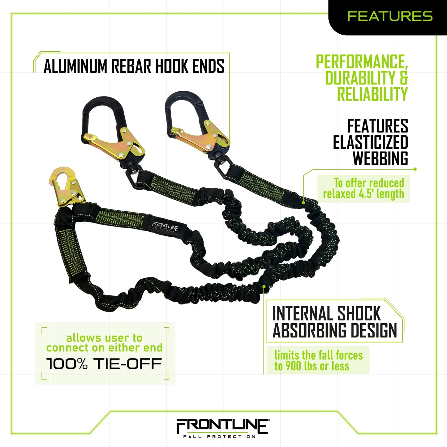 Frontline LIS62RA Elastic Double Leg 6' Lanyard with Aluminum Rebar Hooks | Twin Lanyard 1 Snap Hook and 2 Rebar Hook Ends | ANSI & OSHA Compliant Fall Protection | 6000 lbs. Min. Breaking Strength