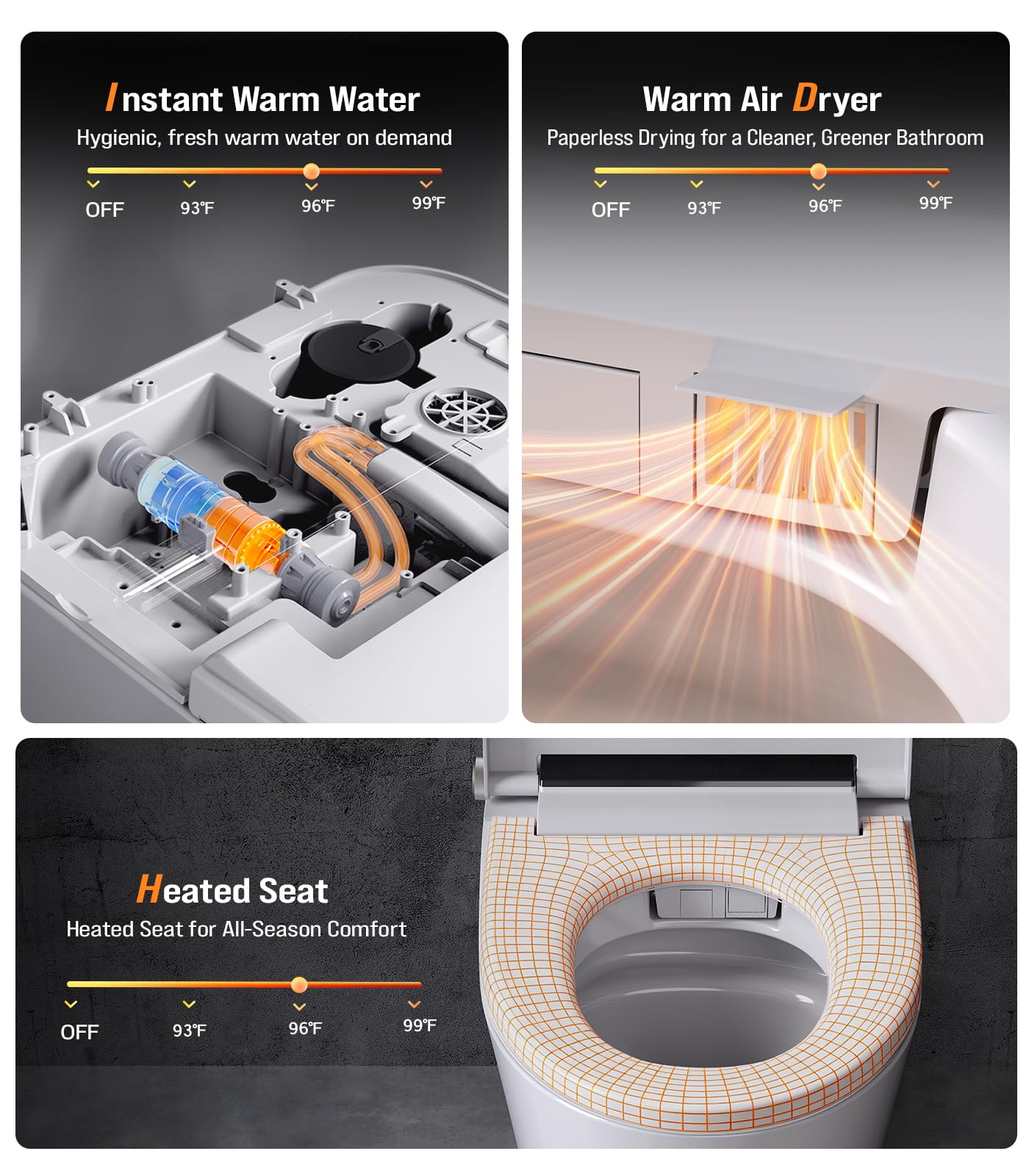 Smart Toilet with Bidet Built-in, Auto Flush Modern Bidet Toilet Combo with Foot Sensor, Heated Seat, Warm Air Dryer & LED Display, Tankless One Piece Elongated Electric Toilet, 1.28 GPF
